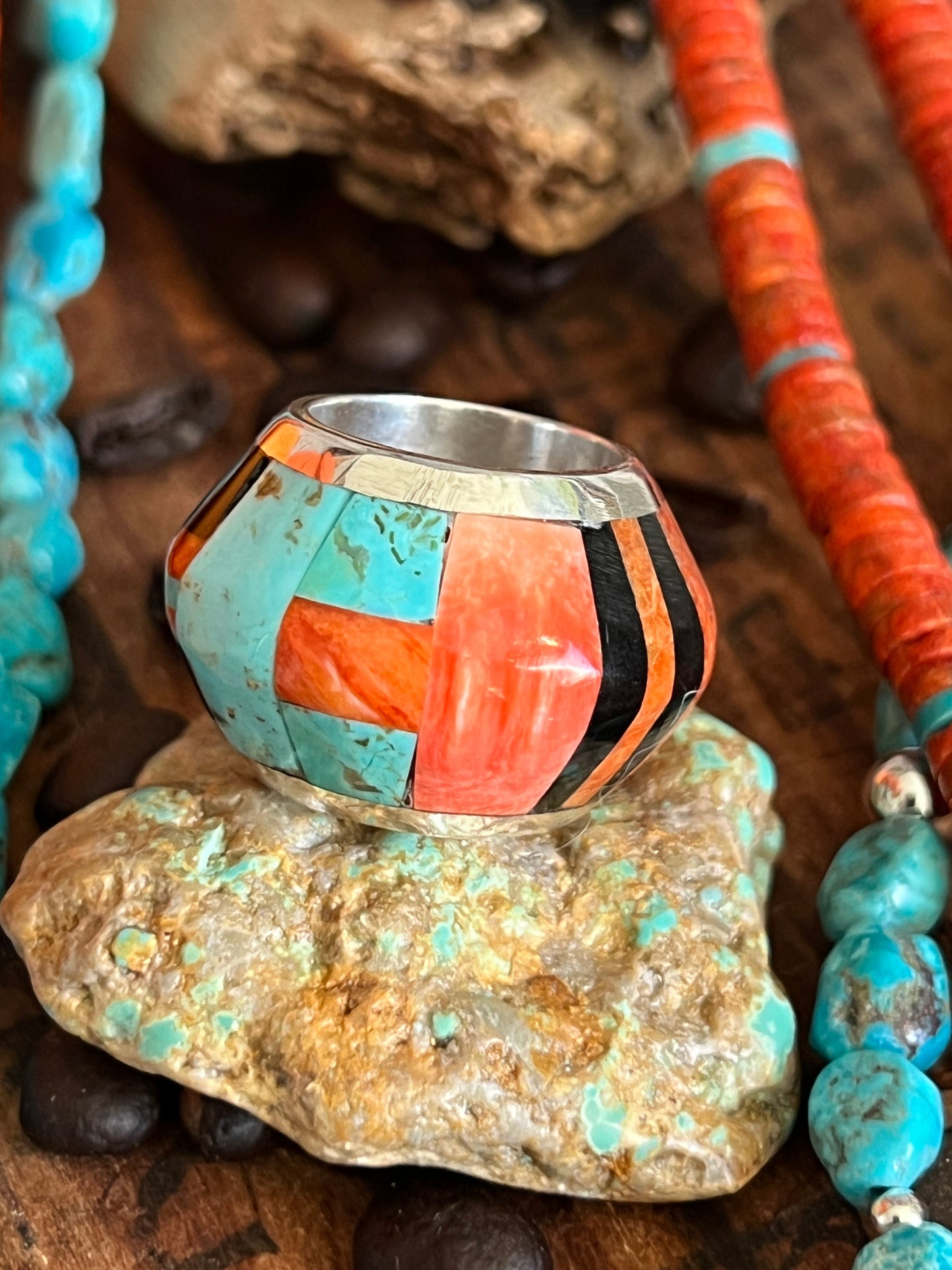 Daniel Coriz Triple Strand Apple Coral and Turquoise Beaded Necklace w/ Sterling Silver Removable Inlay Bead