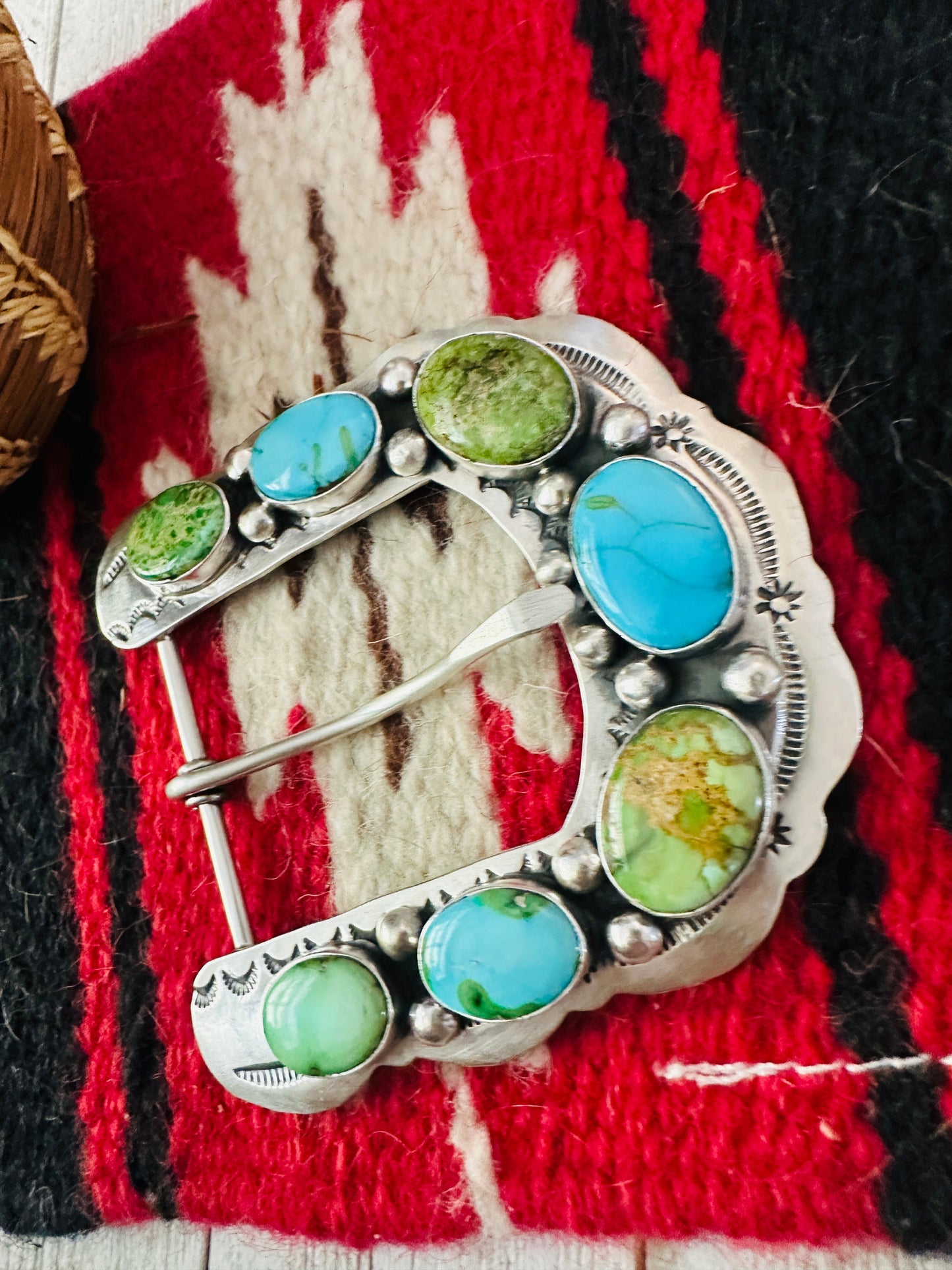 Handcrafted Turquoise & Sterling Silver Belt Buckle by Russell Sam
