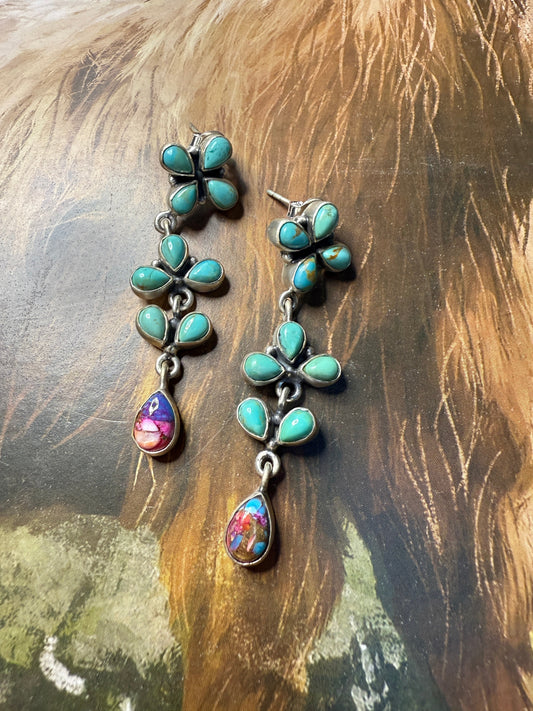 Handmade Sterling Silver, Pink Dream & Turquoise Post Dangle Earrings