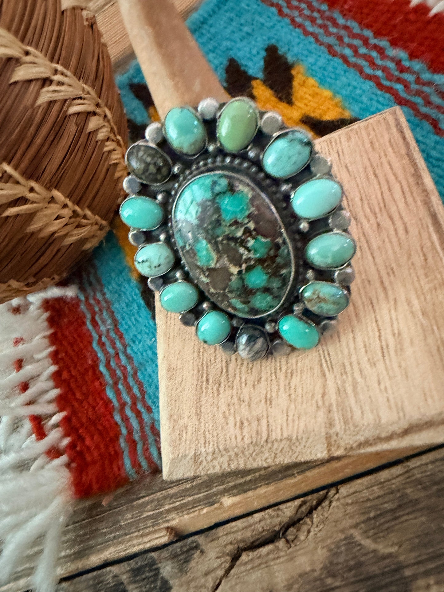 Handcrafted Multi Turquoise & Sterling Silver Cluster Ring by Sheila Becenti Size 8.25