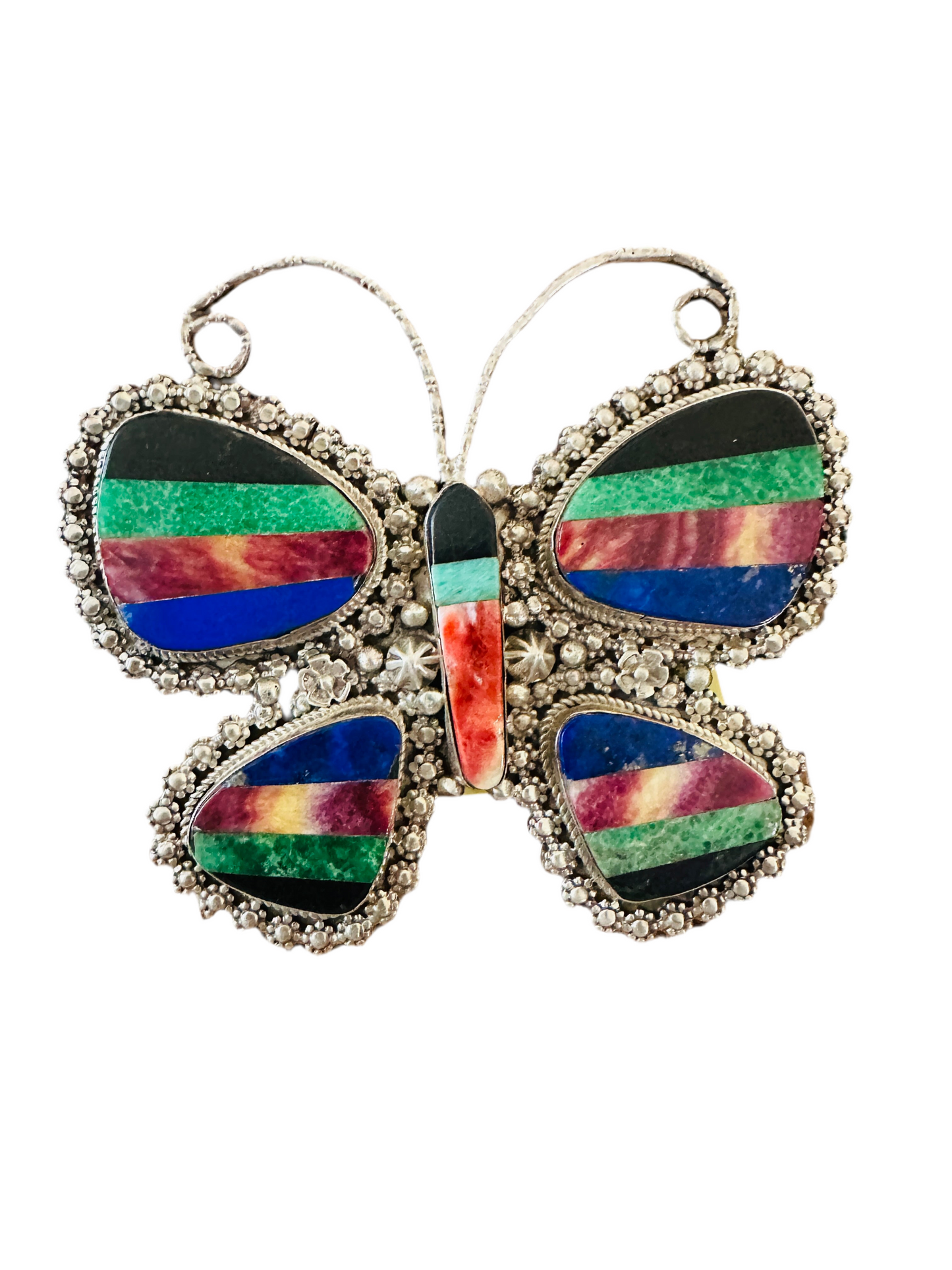 Old Pawn Handcrafted Sterling Silver & Multi Stone Inlay Butterfly Ring Size 10