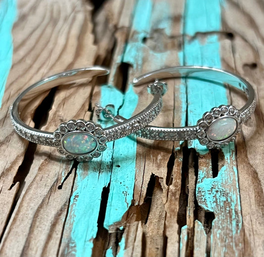 CZ Studded Opal Hoop Earrings Silver