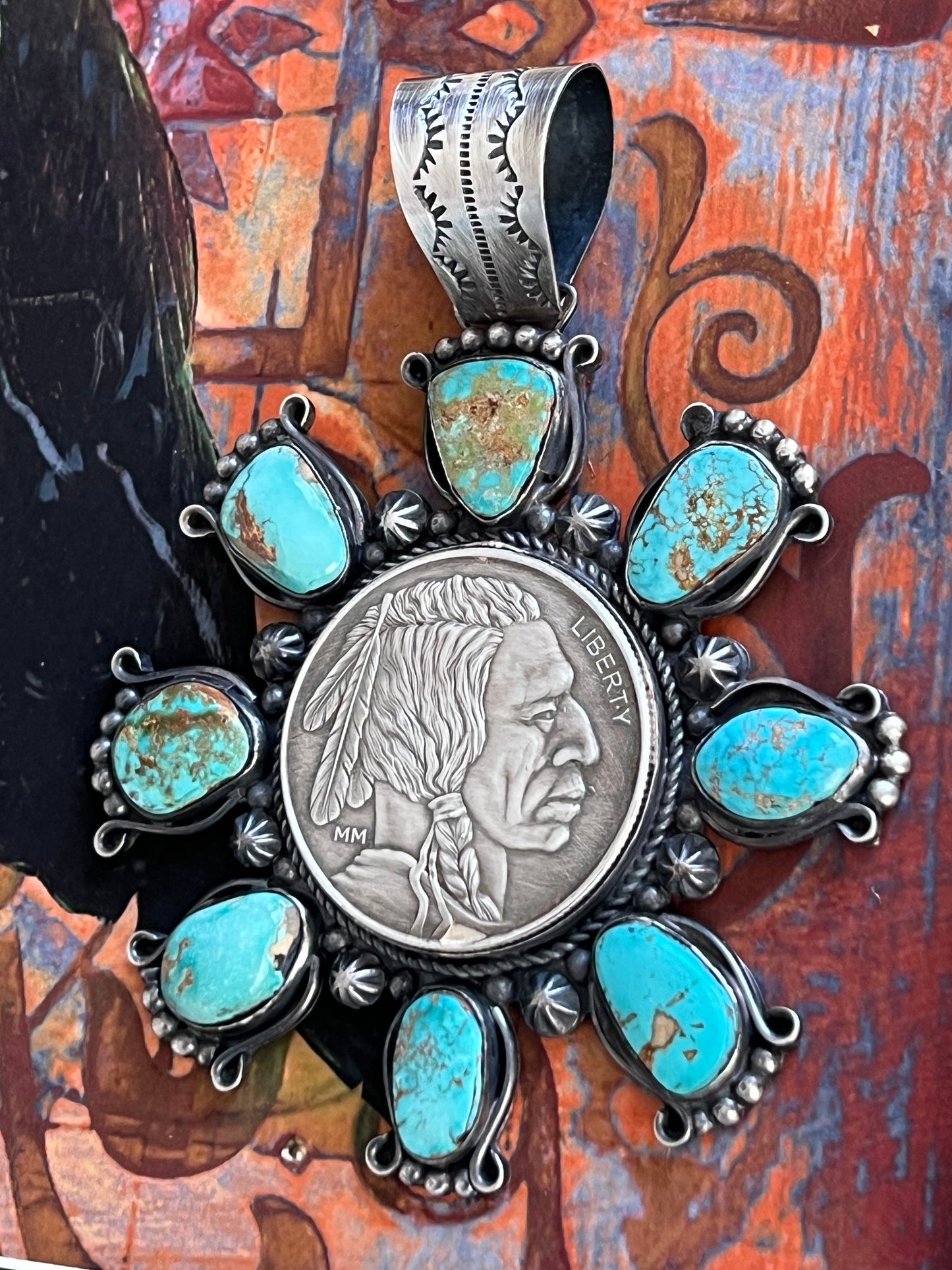 Rosella Paxson Natural Royston Turquoise and Fine Silver Indian Head Bullion Cluster Pendant