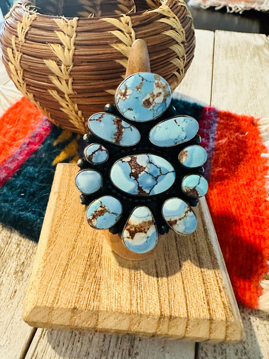 Handcrafted Golden Hills Turquoise & Sterling Silver Cluster Ring Size 7 by B. Yellowhorse