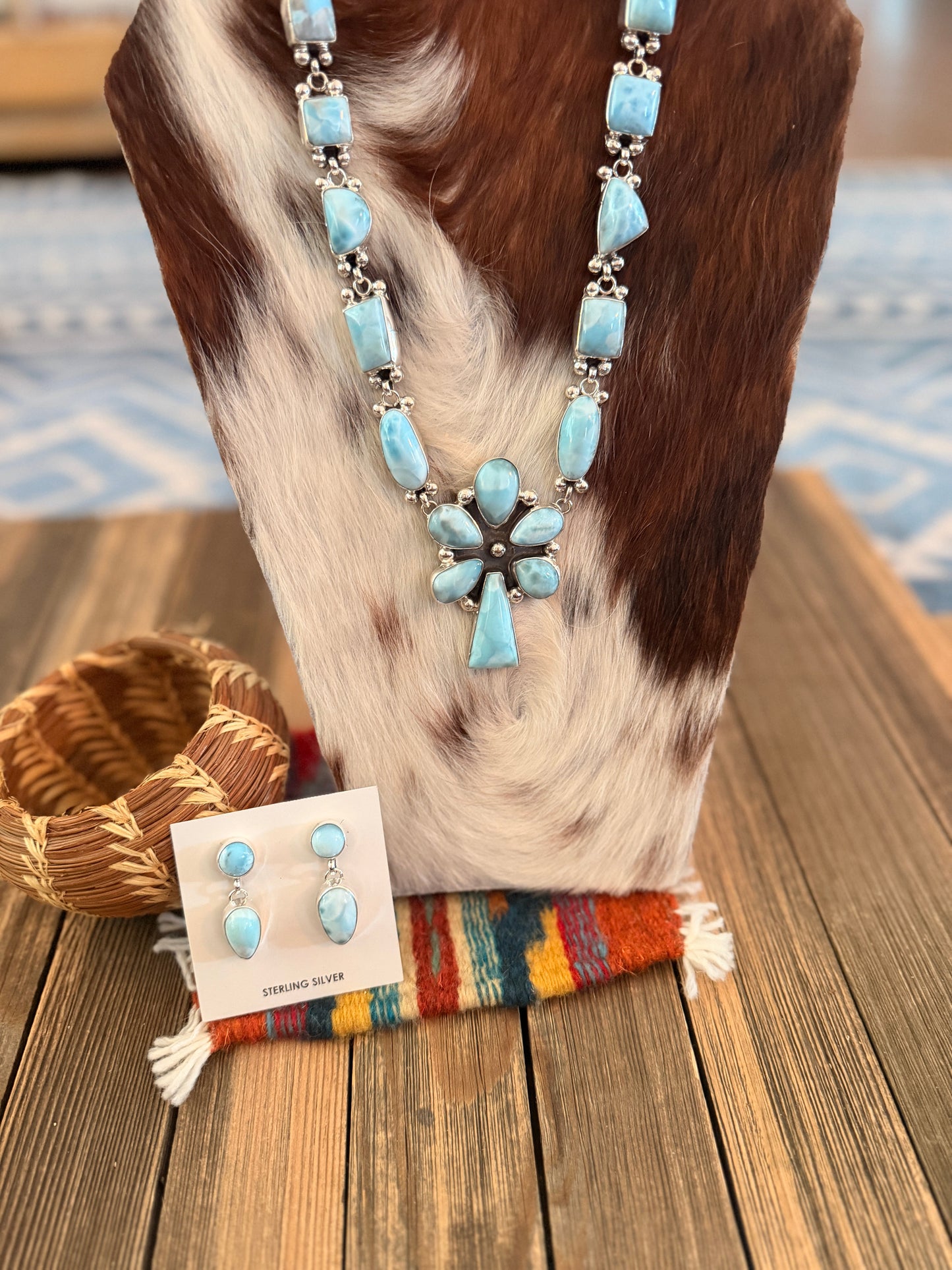 Handcrafted Larimar & Sterling Silver Necklace and Earring Set by Myra Benally
