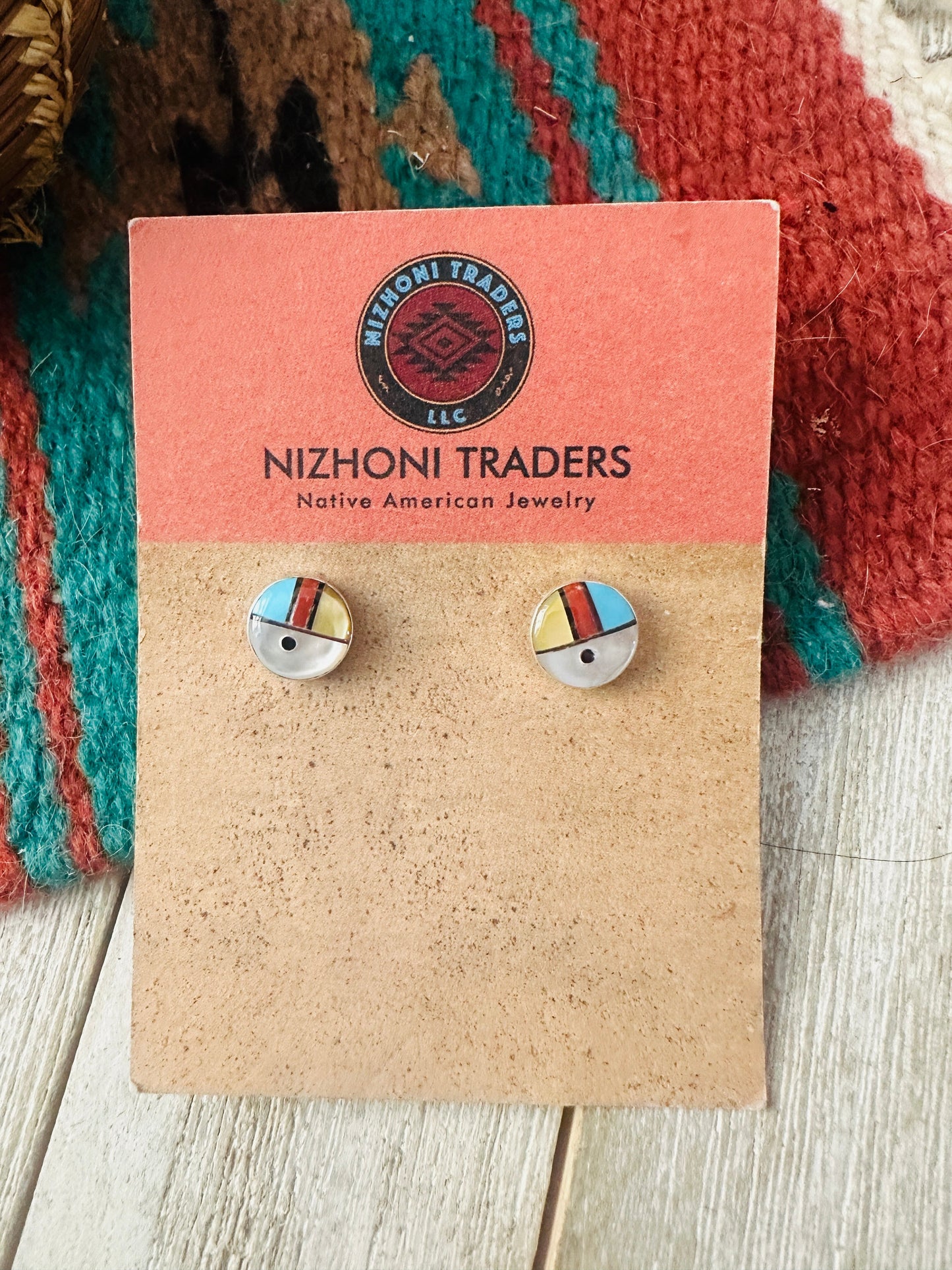 Handcrafted Multi Stone & Sterling Silver Inlay Sun Face Stud Earrings