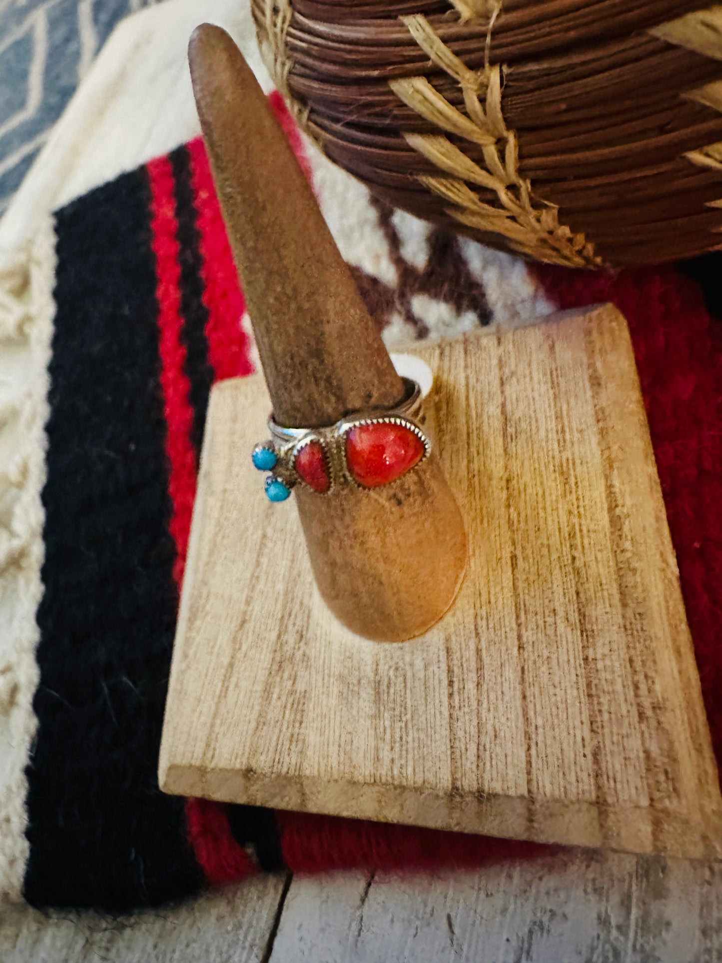 Handcrafted Coral, Turquoise & Sterling Silver Inlay Ring Size 7