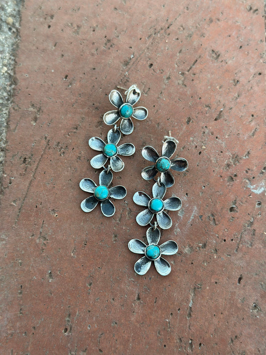 Handmade Sterling Silver and Kingman Turquoise Daisy Earrings