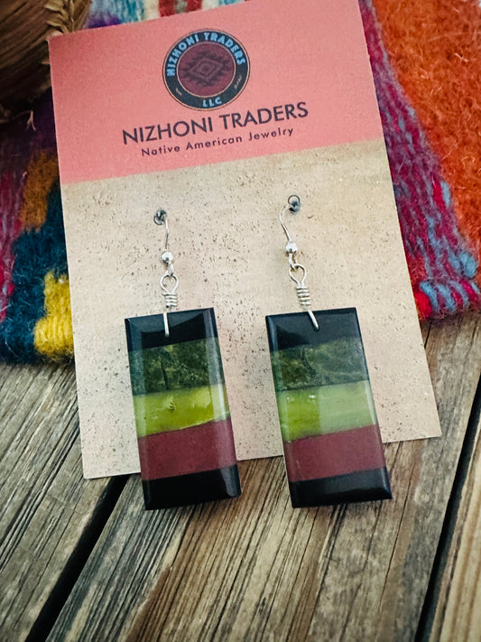 Handcrafted Multi Stone Inlay Slab Dangle Earrings