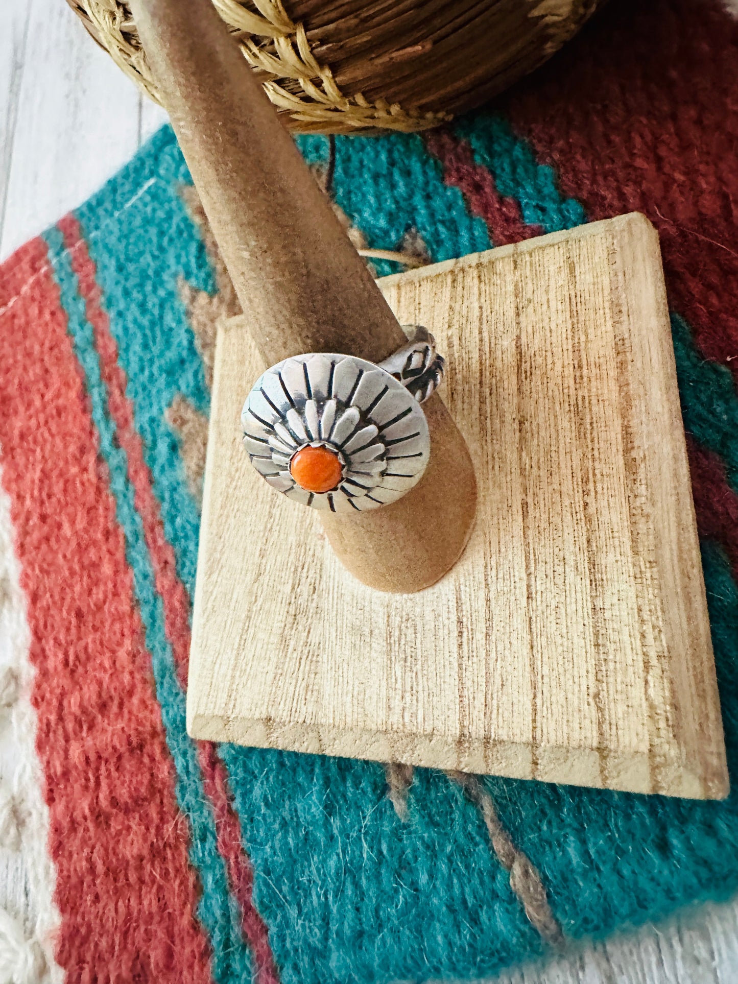 Handcrafted Sterling Silver & Orange Spiny Concho Adjustable Ring