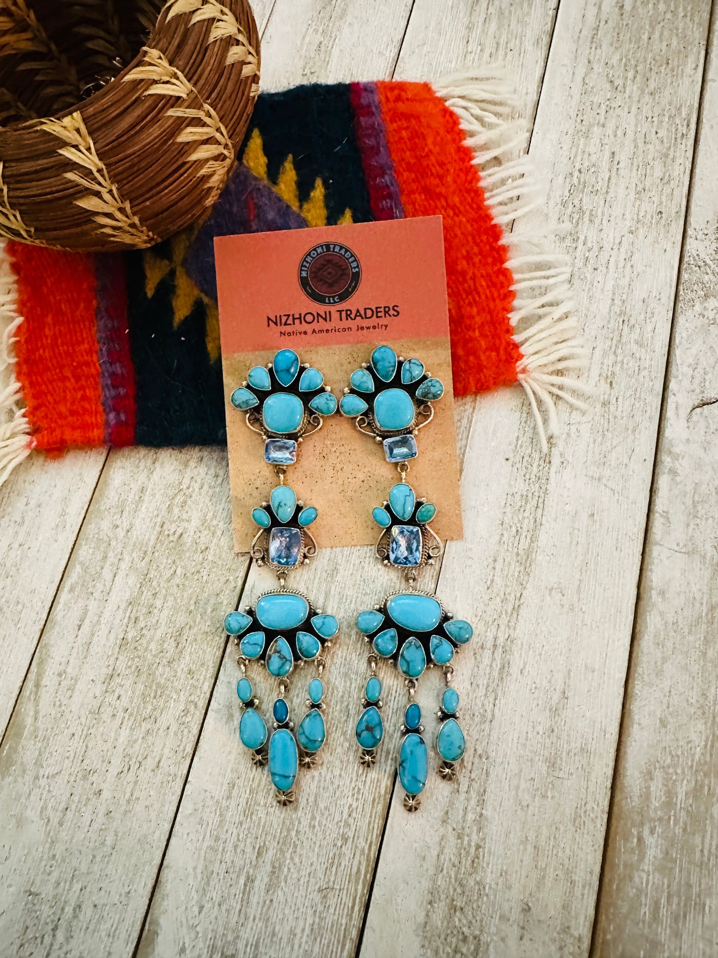 Handcrafted Turquoise, Topaz & Sterling Silver Chandelier Dangle Earrings