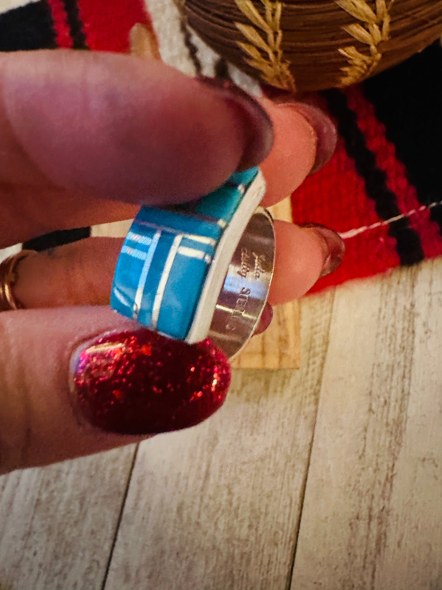 Handcrafted Turquoise & Sterling Silver Inlay Ring Size 6.75 by Julia Etsitty