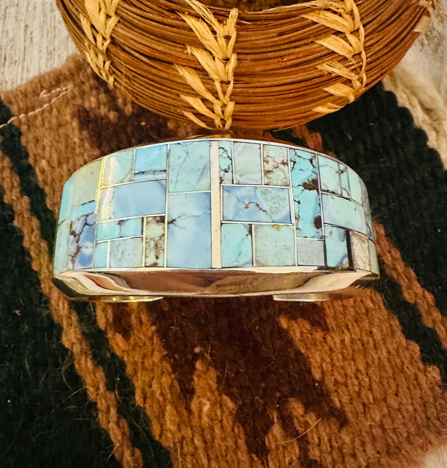 Navajo Sterling Silver & Golden Hills Turquoise Inlay Cuff Bracelet