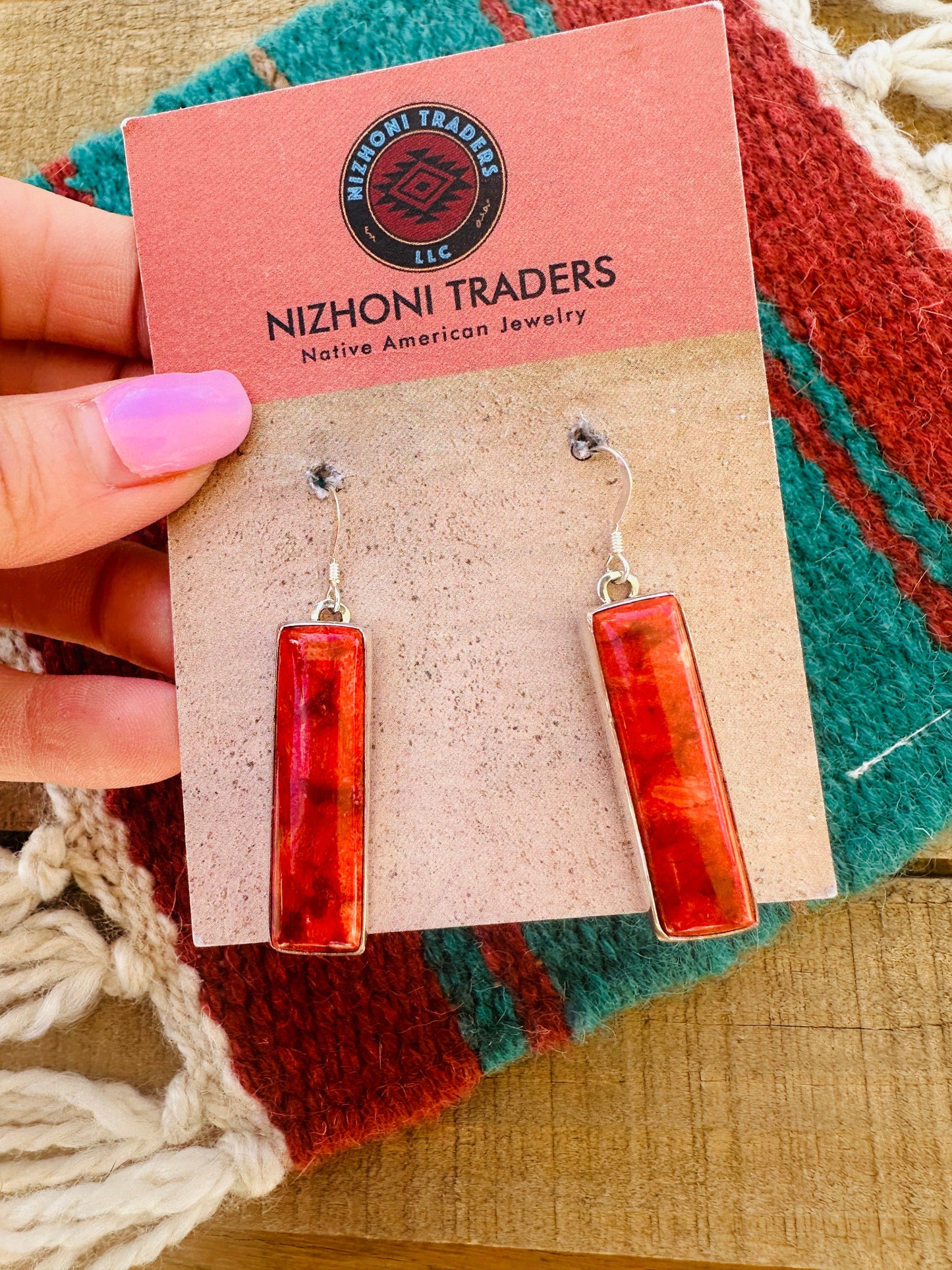 Handcrafted Sterling Silver Apple Coral Rectangle Dangle Earrings