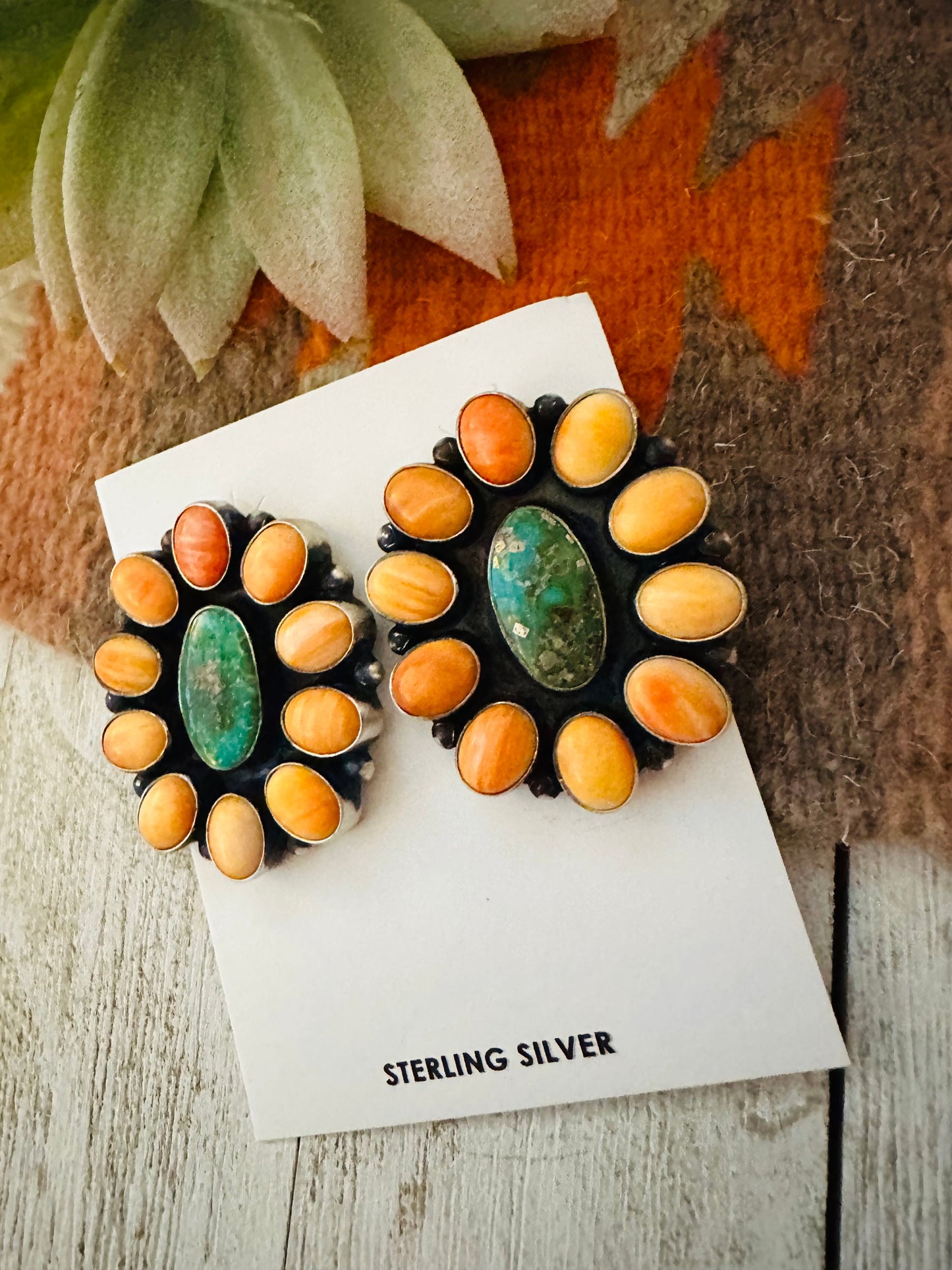 Navajo Sterling Silver, Orange Spiny & Turquoise Cluster Earrings