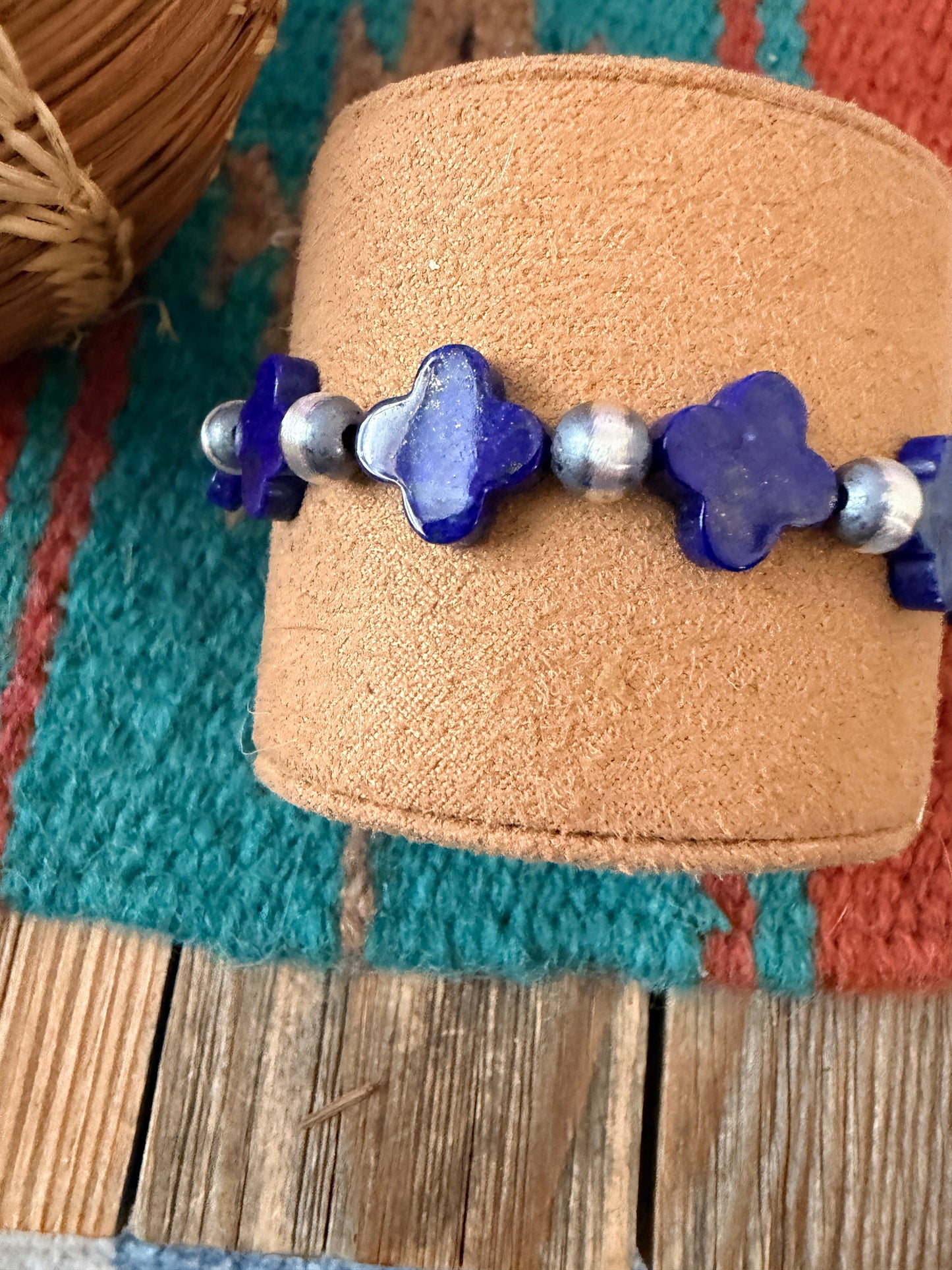 Handcrafted Lapis & Sterling Silver Pearl Cross Beaded Stretch Bracelet