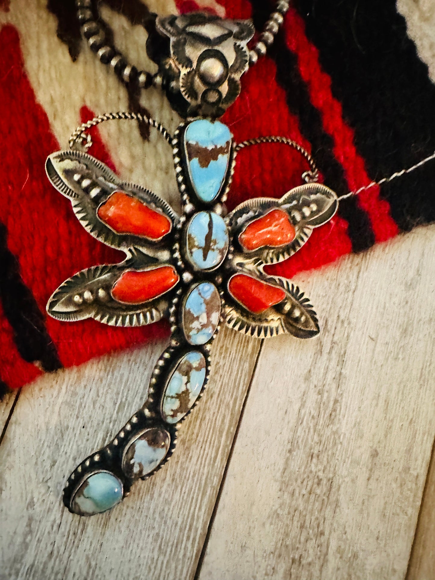 Handcrafted Turquoise, Coral & Sterling Silver Dragonfly Pendant By Shawn Cayatineto