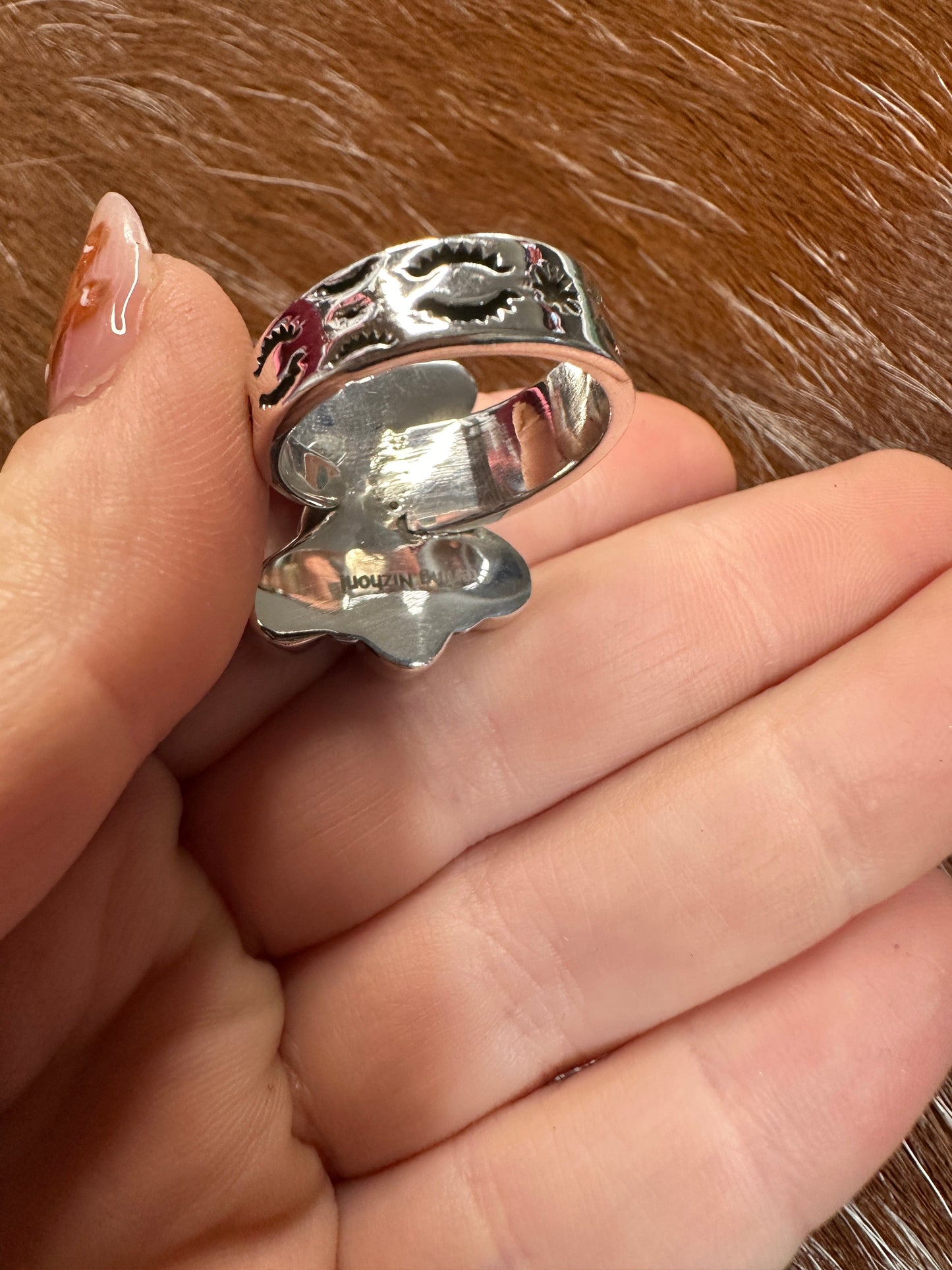 Handmade Spice, Onyx & Sterling Silver Adjustable Ring Signed Nizhoni