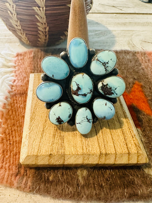 Handcrafted Golden Hills Turquoise & Sterling Silver Cluster Ring Size 9