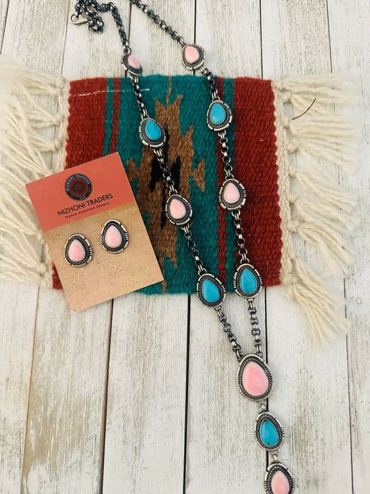 Handcrafted Turquoise, Pink Conch & Sterling Silver Necklace Set