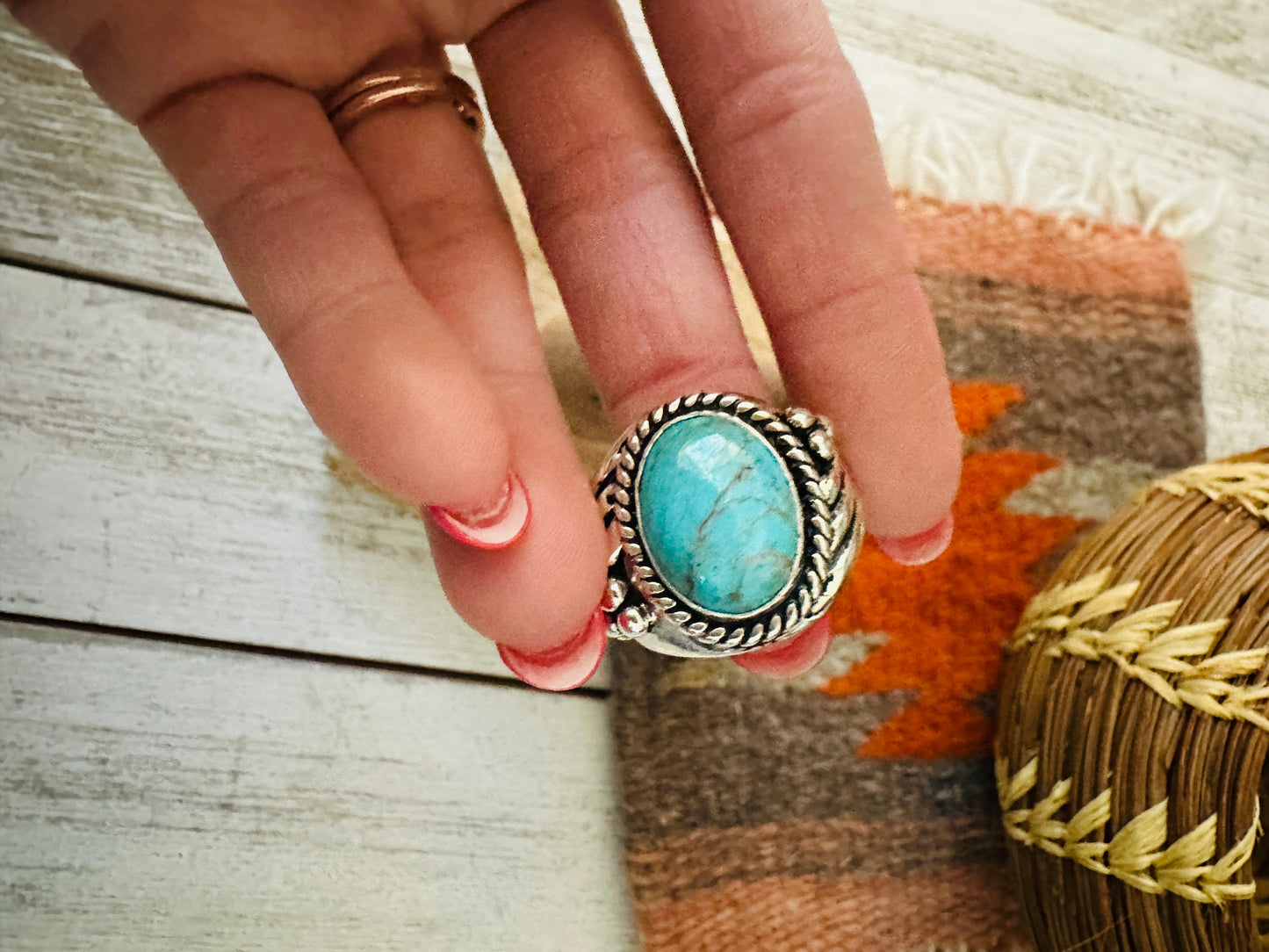 Navajo Kingman Turquoise & Sterling Silver Ring Size 9.5