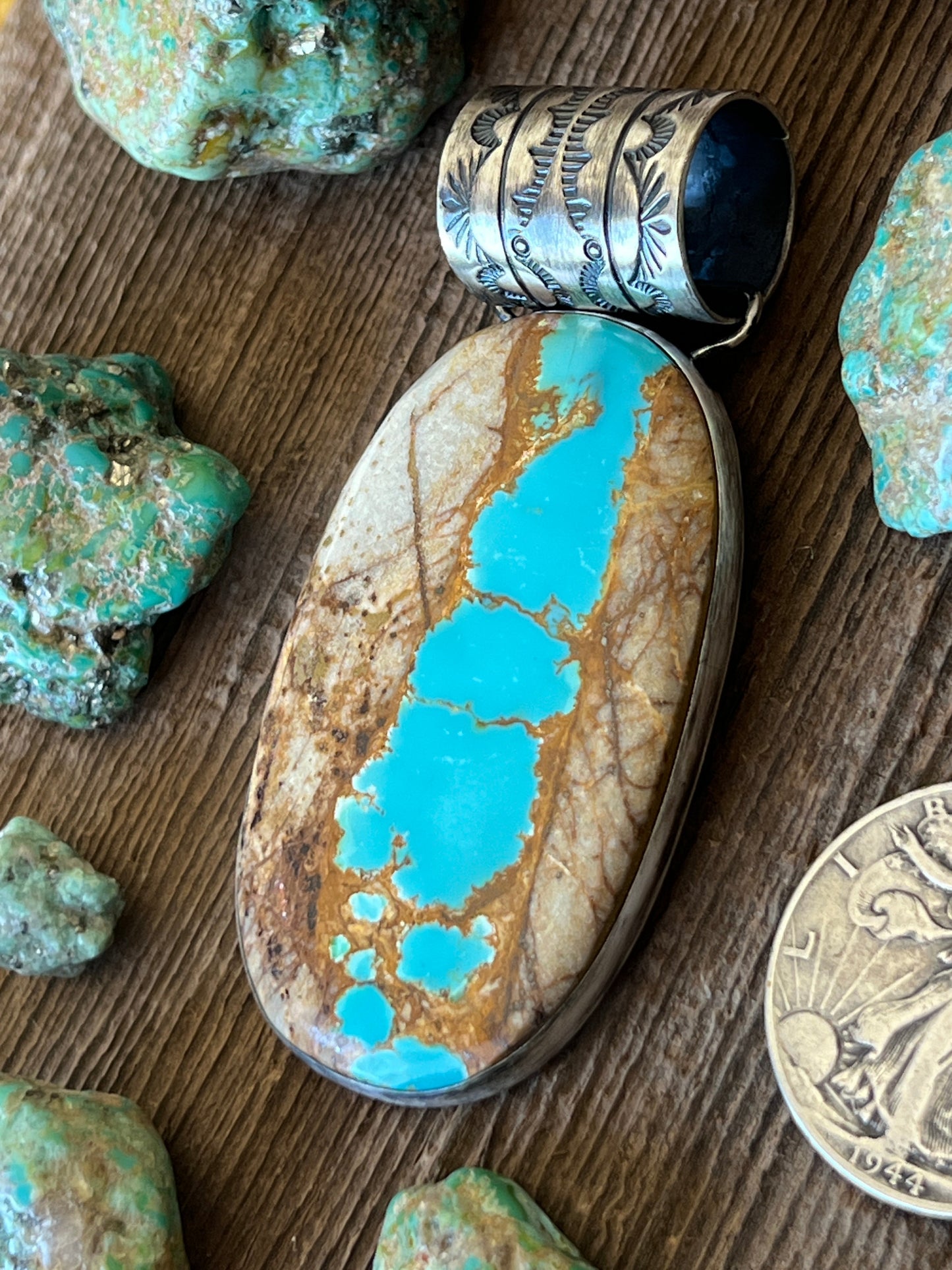 Handcrafted Sterling Silver and Royston Ribbon Turquoise Solo Pendant by Angela Martin