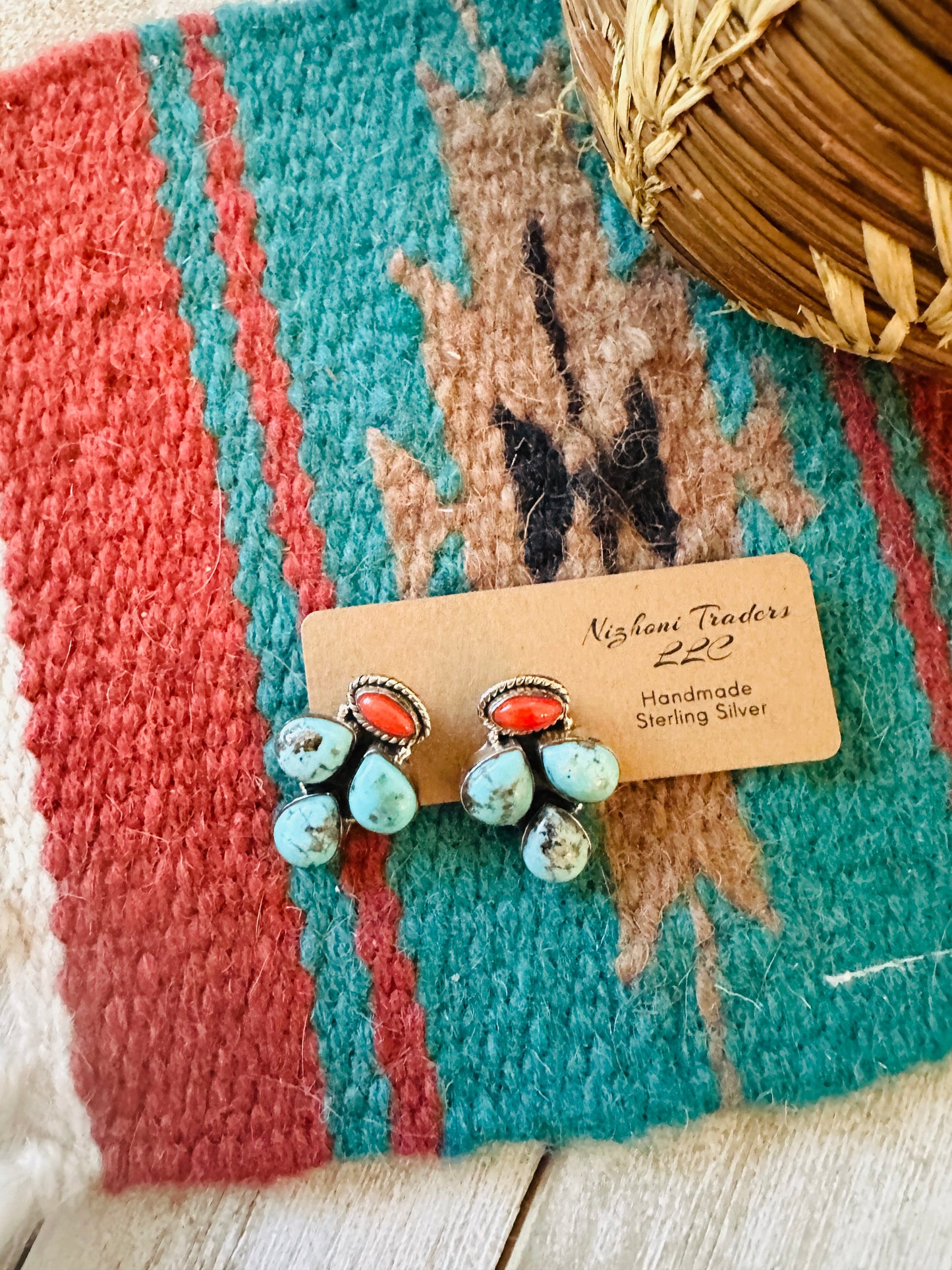 ** Christmas Collection ** Handmade Sterling Silver, Coral & Turquoise Cluster Earrings Signed Nizhoni