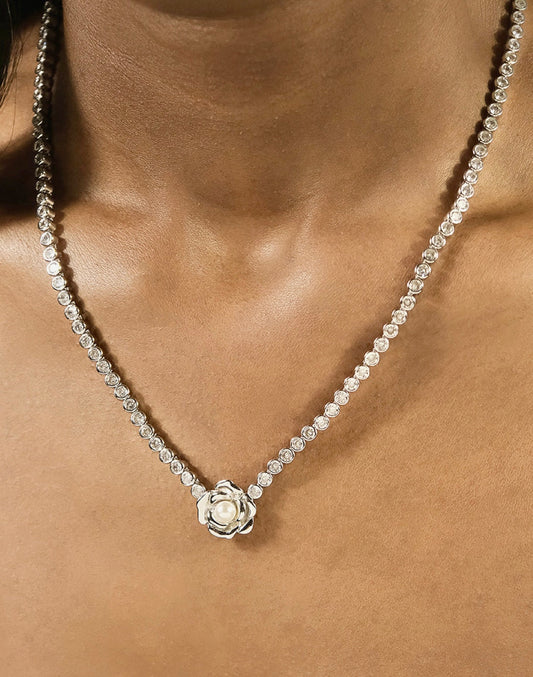 Pearl Flower CZ Tennis Necklace