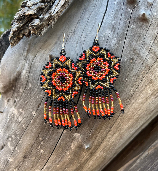 Handmade MultiColor Beaded Dangle Earrings (Black, Orange, & Gold)