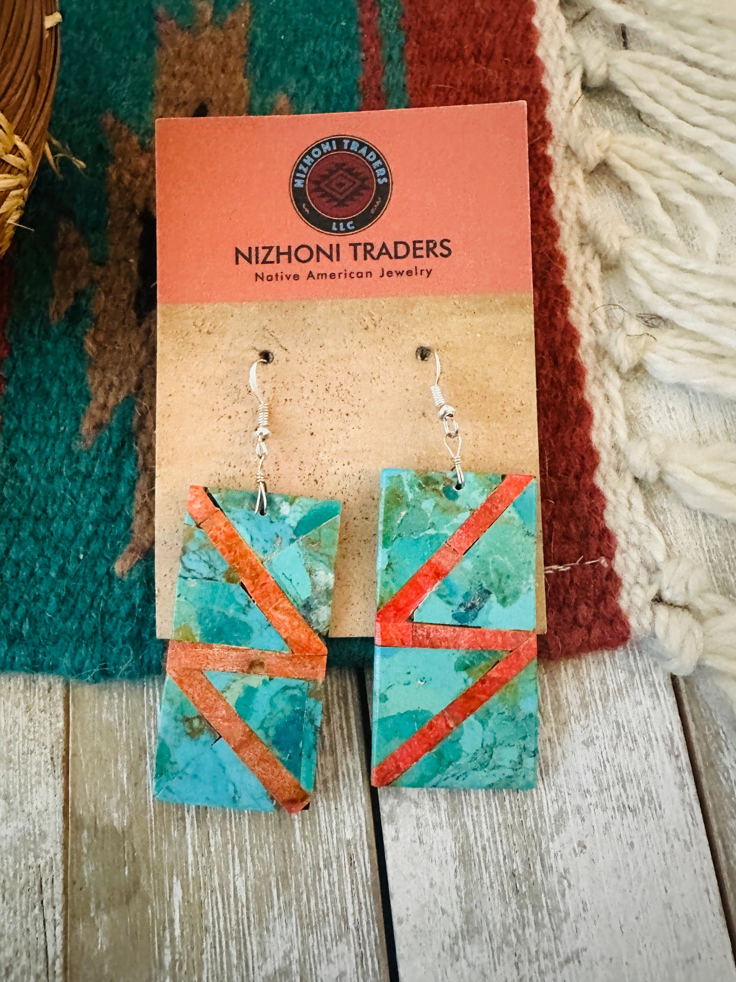 Handcrafted Turquoise & Spiny Inlay Dangle Earrings