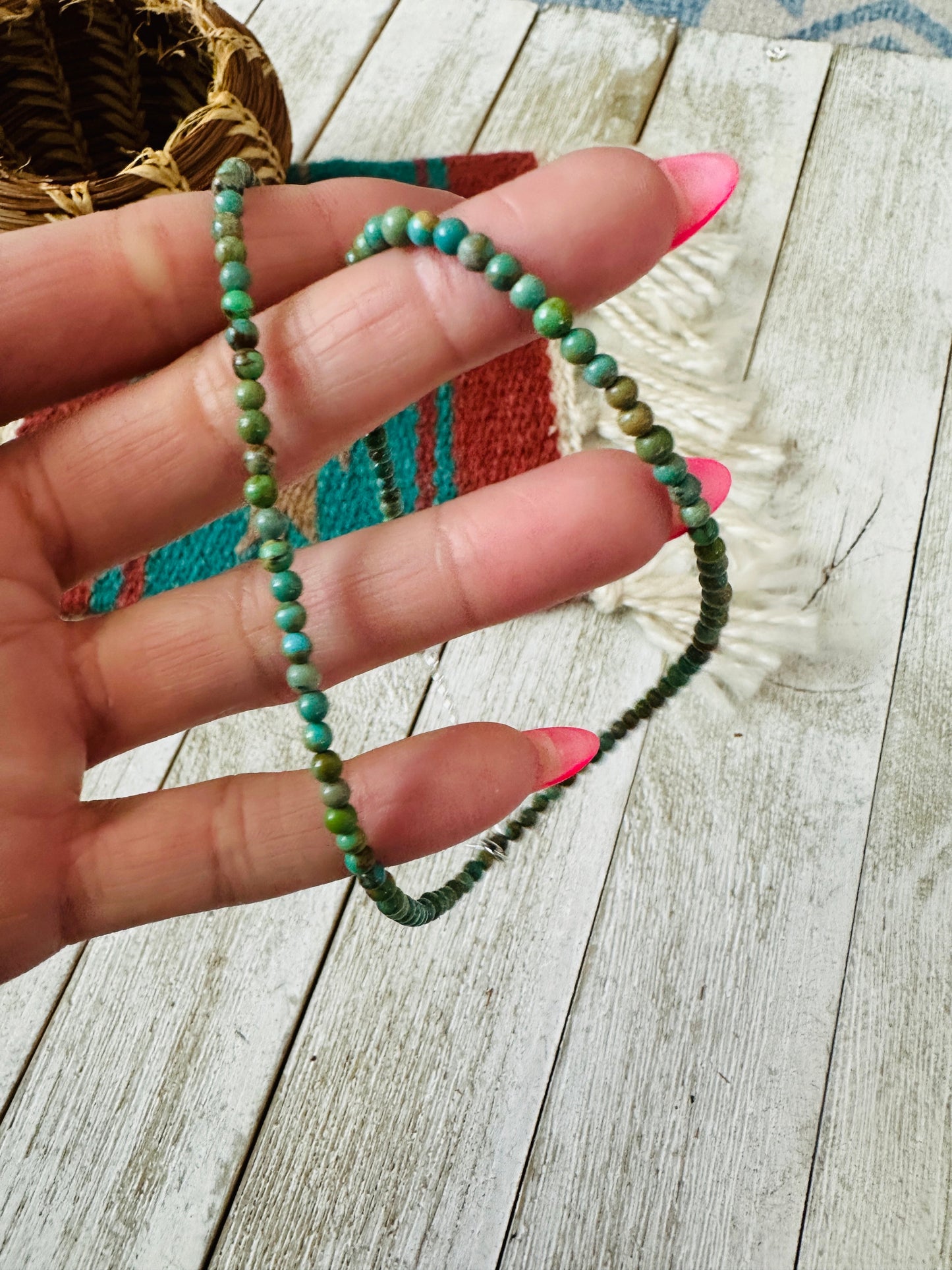 Handcrafted 3mm Turquoise & Sterling Silver Beaded Necklace W/ Extender- Green