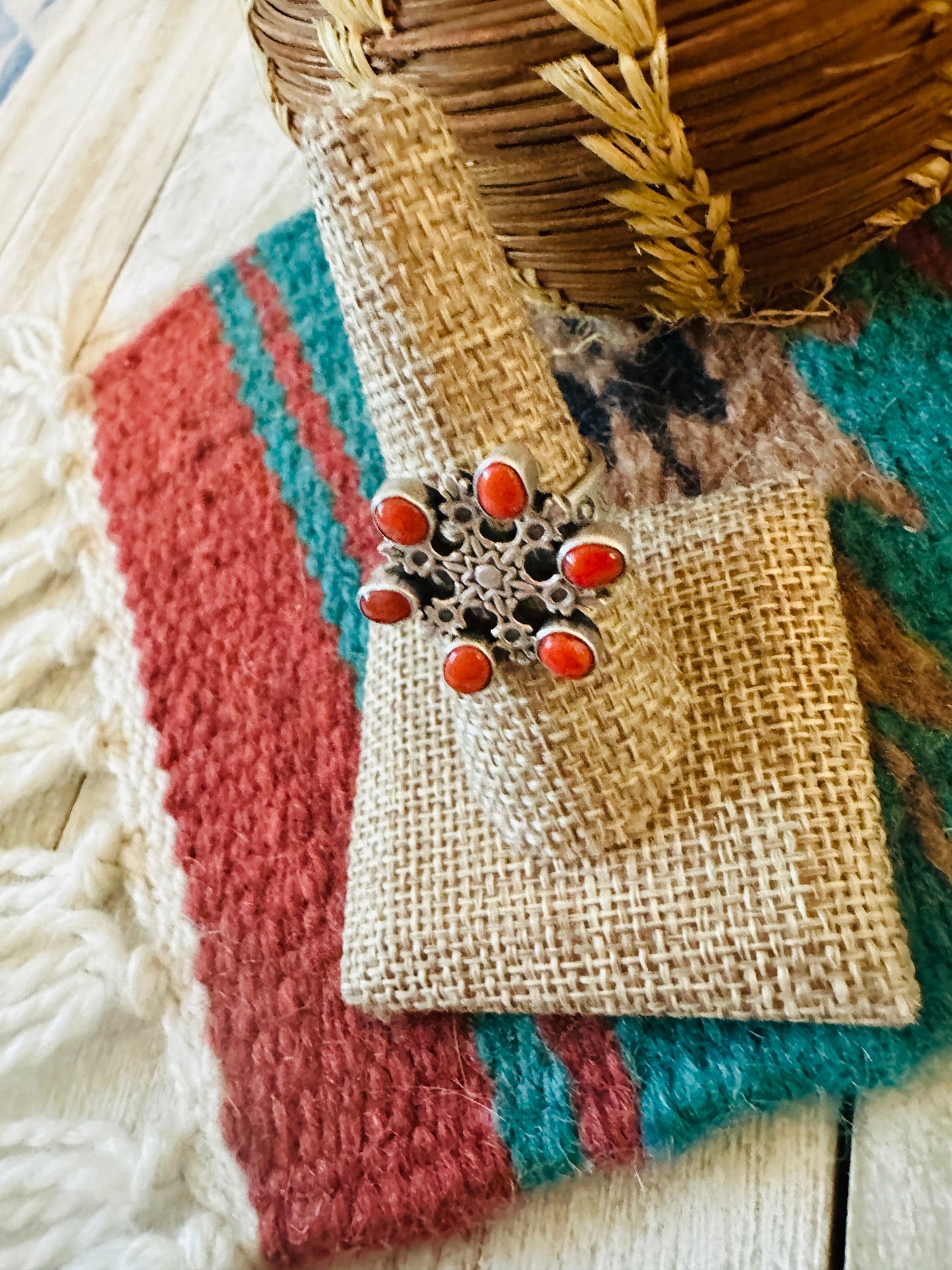 ** Christmas Collection ** Handmade Sterling Silver & Coral Adjustable Snowflake Ring Signed Nizhoni
