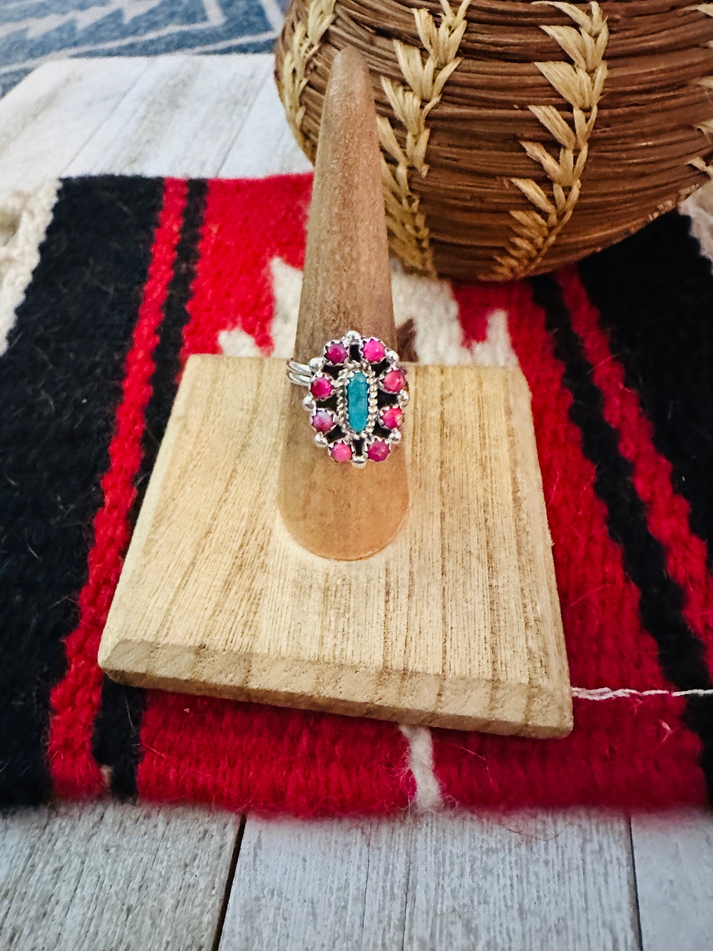 Handcrafted Sterling Silver, Pink Dream Mojave & Turquoise Cluster Adjustable Ring