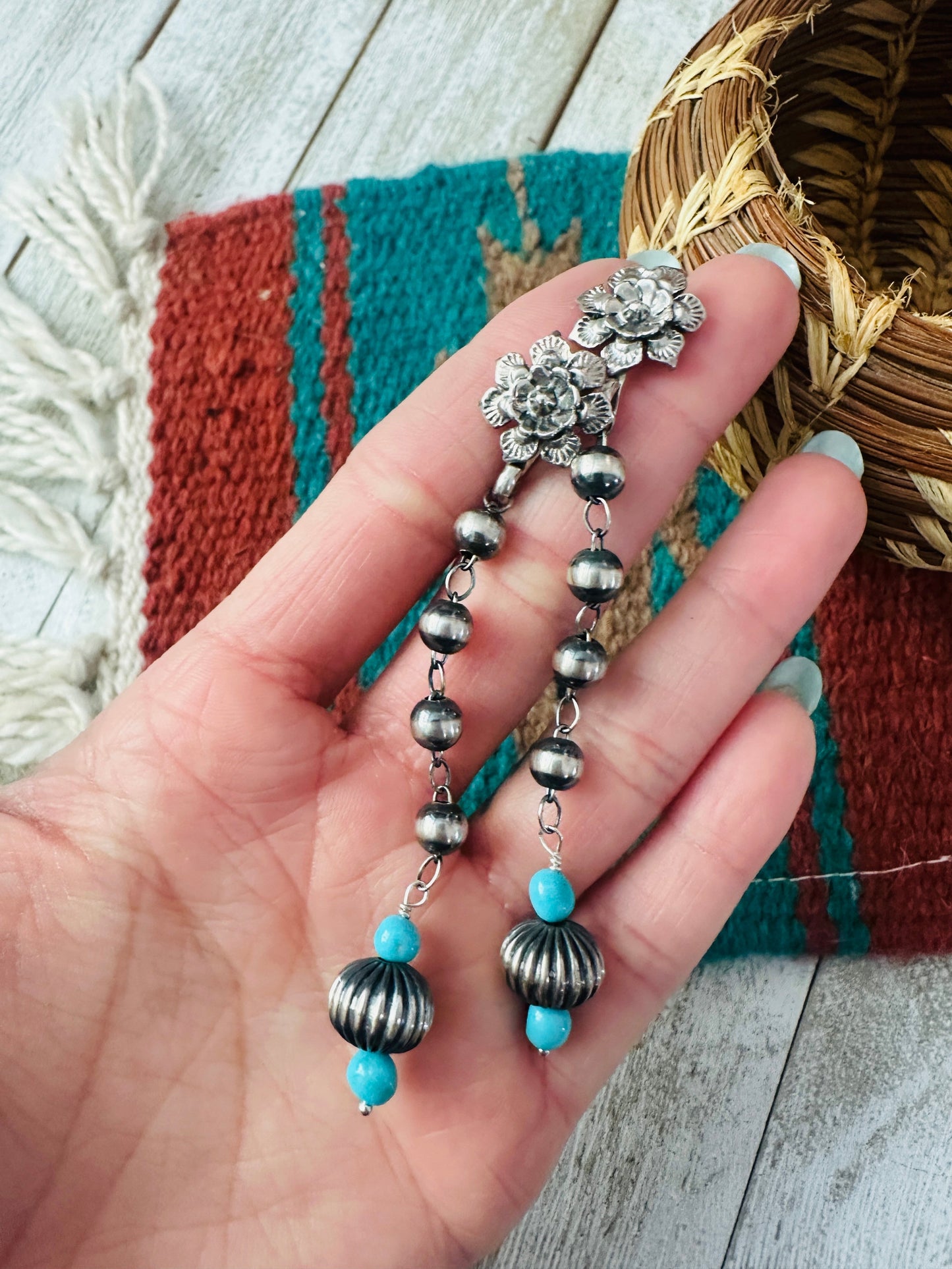 Handcrafted Turquoise & Sterling Silver Pearl Beaded Flower Dangle Earrings