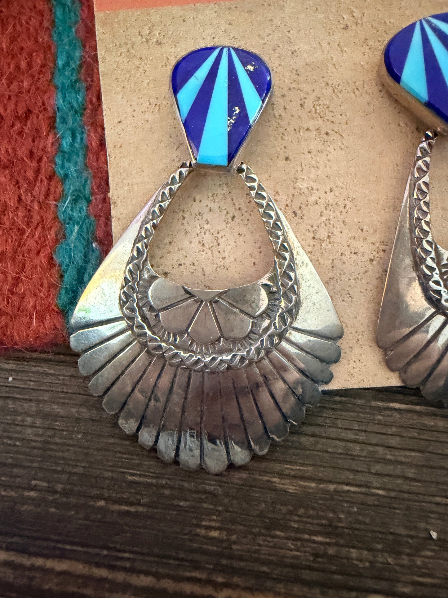 Handcrafted Old Pawn Turquoise, Lapis & Sterling Silver Inlay Concho Dangle Earrings