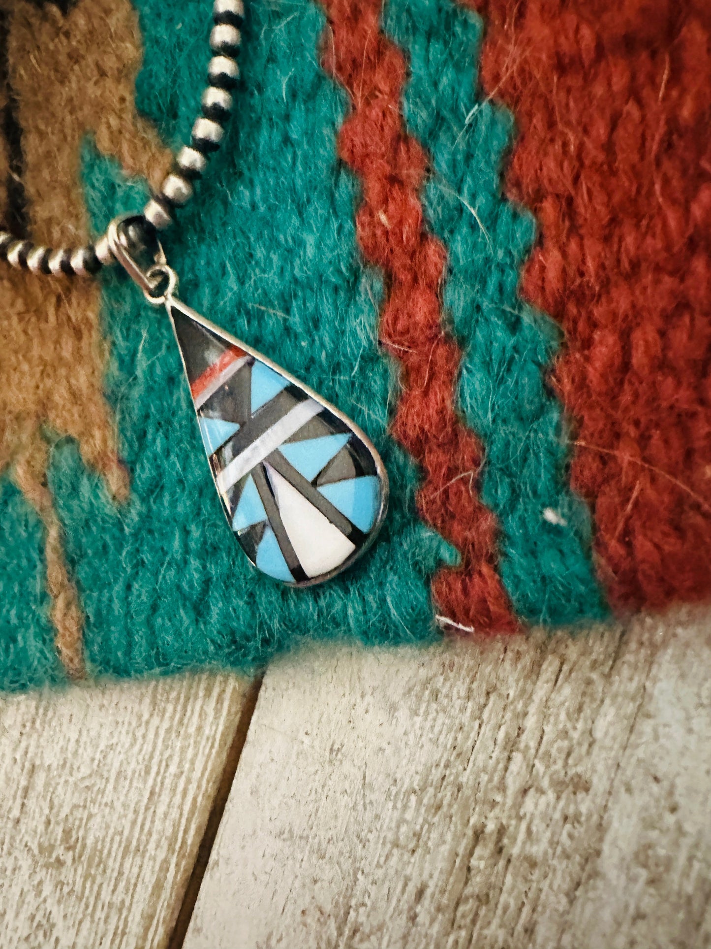 Handcrafted Multi Stone & Sterling Silver Inlay Teardrop Pendant