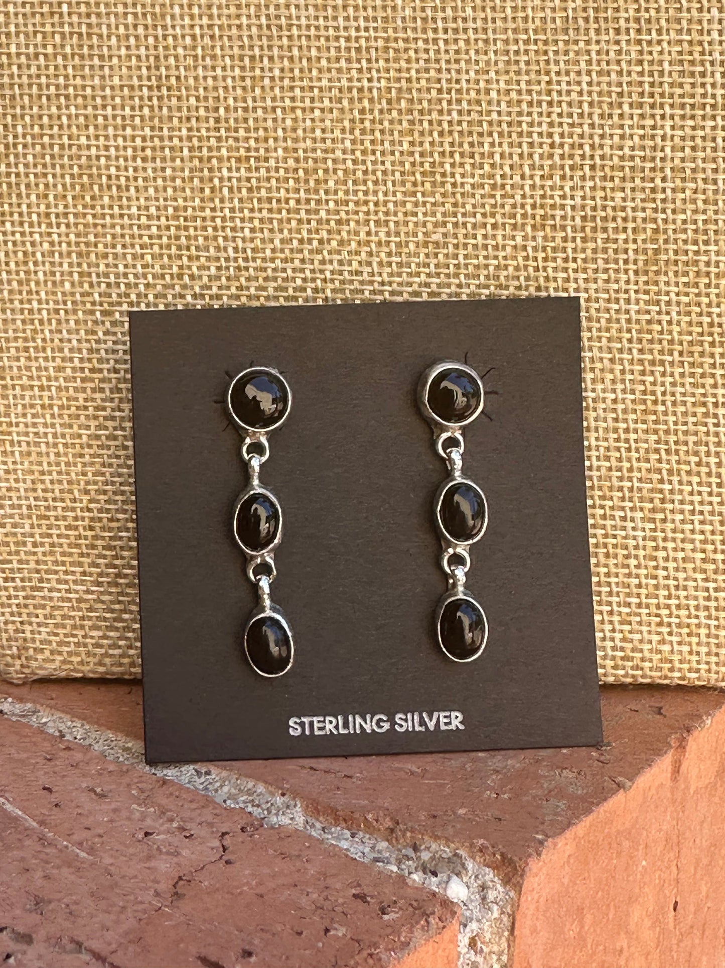 Handcrafted Made Black Onyx & Sterling Silver 3 Stone Dangle Earrings