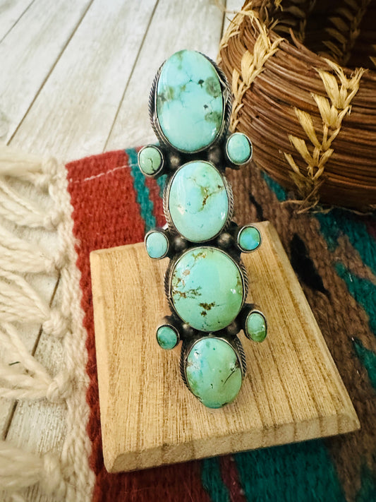 Handcrafted Turquoise & Sterling Silver Cluster Ring by Bobby Johnson, Size 9