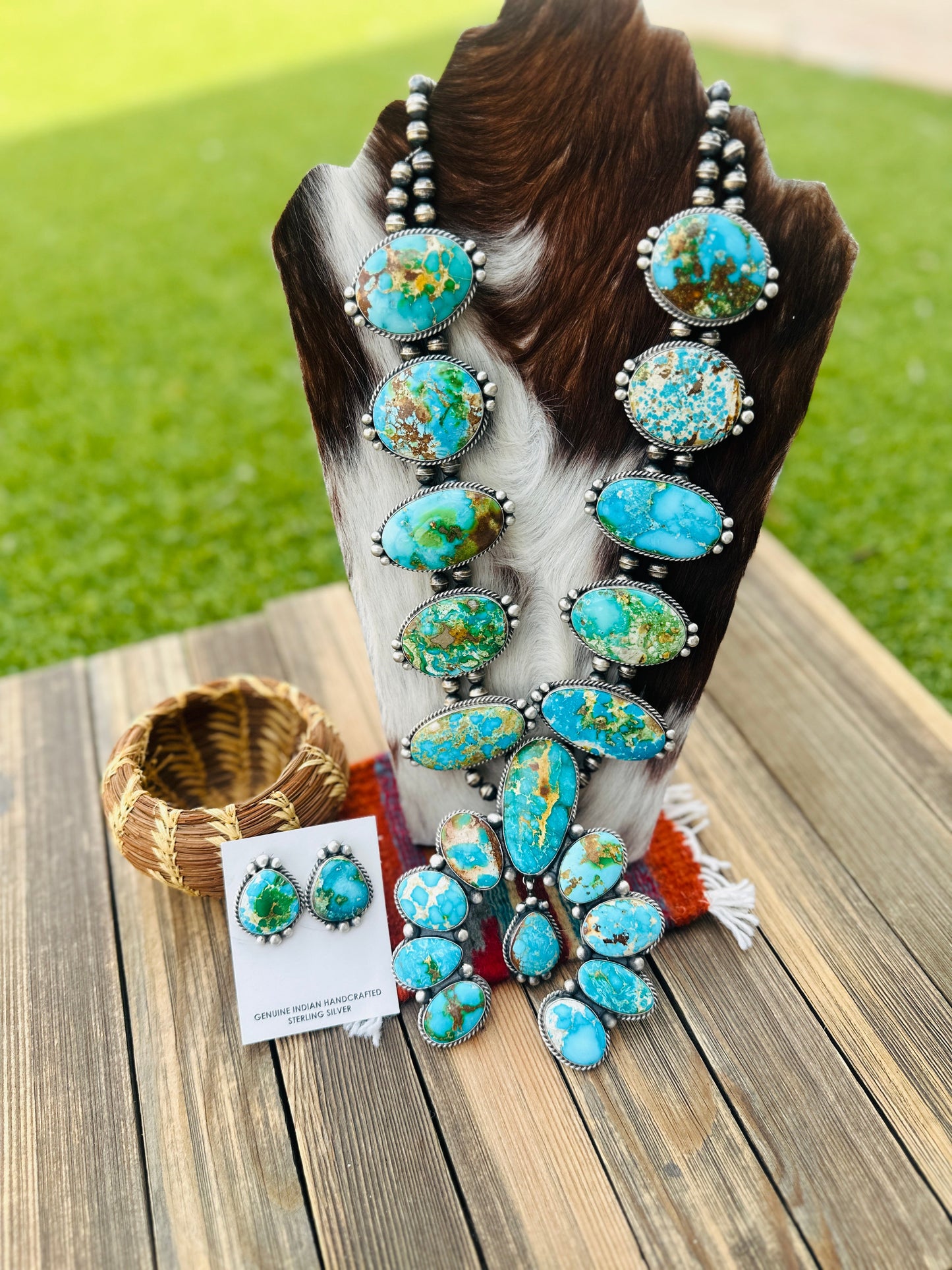 Handcrafted Sonoran Mountain Turquoise & Sterling Silver Squash Blossom Necklace and Earring Set