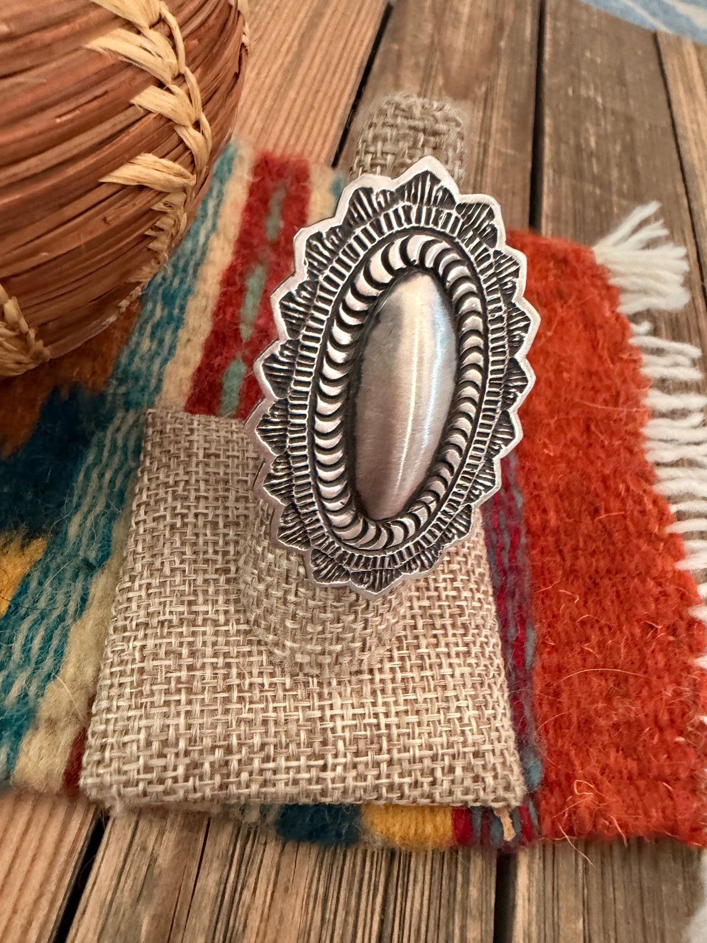 Handcrafted Sterling Silver Adjustable Concho Ring by Leander Tahe