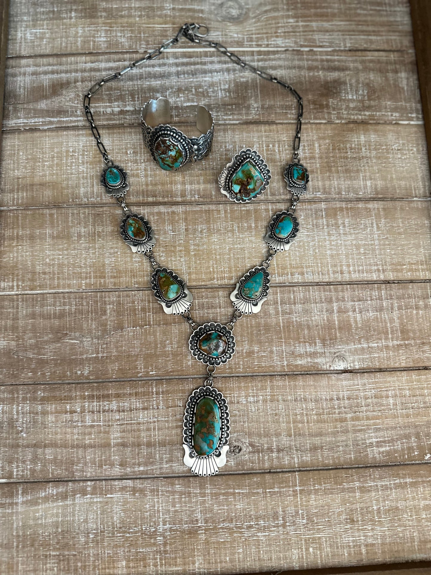 Charles Johnson Handcrafted Royston Turquoise & Sterling Silver Necklace, Bracelet and Ring Set Signed