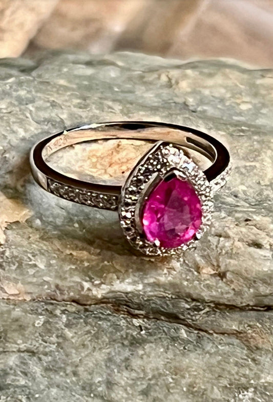 Pink Topaz & CZ Tear Drop Sterling Silver Ring