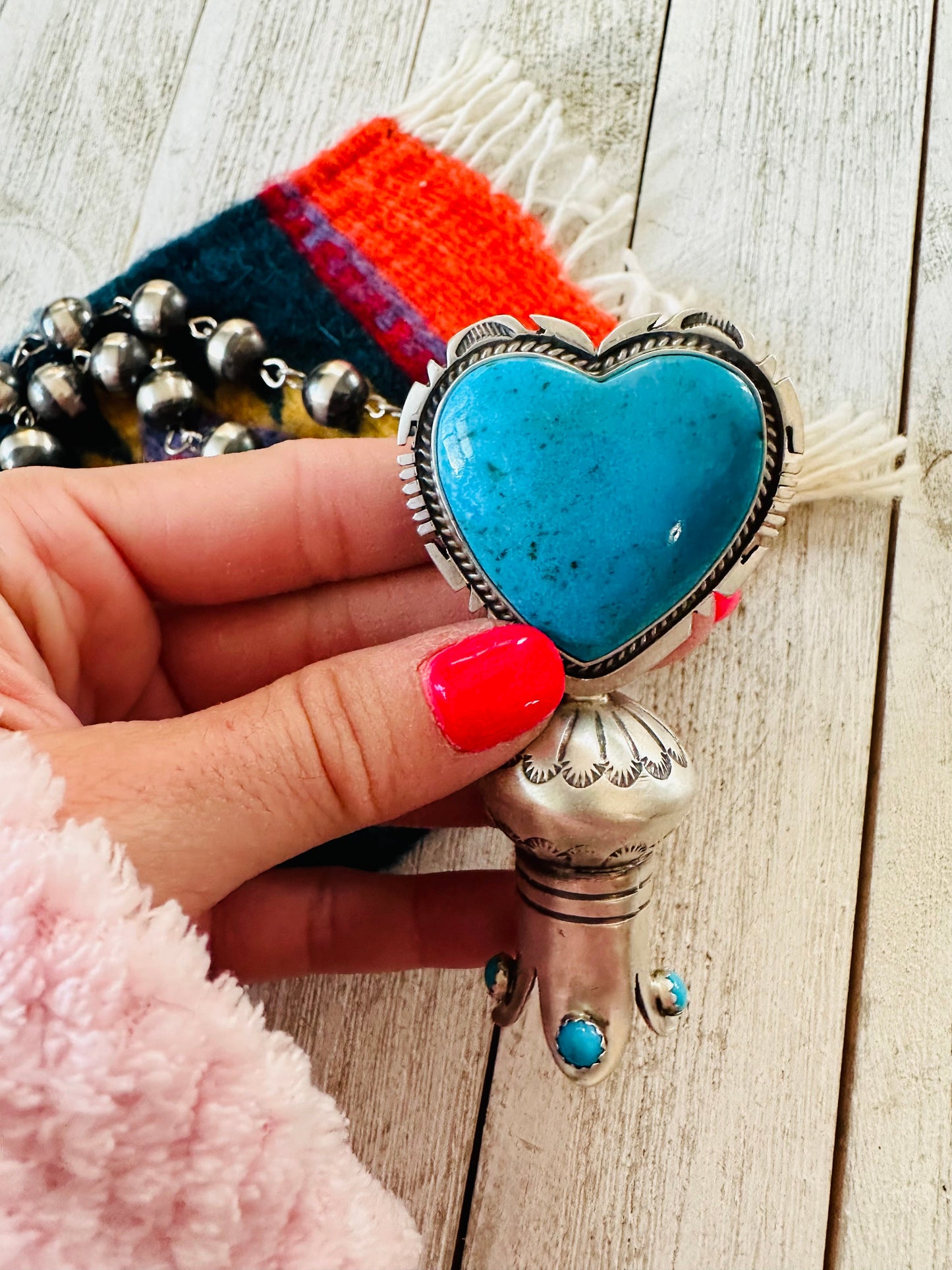 Handcrafted Sterling Silver & Turquoise Heart Blossom Beaded Necklace