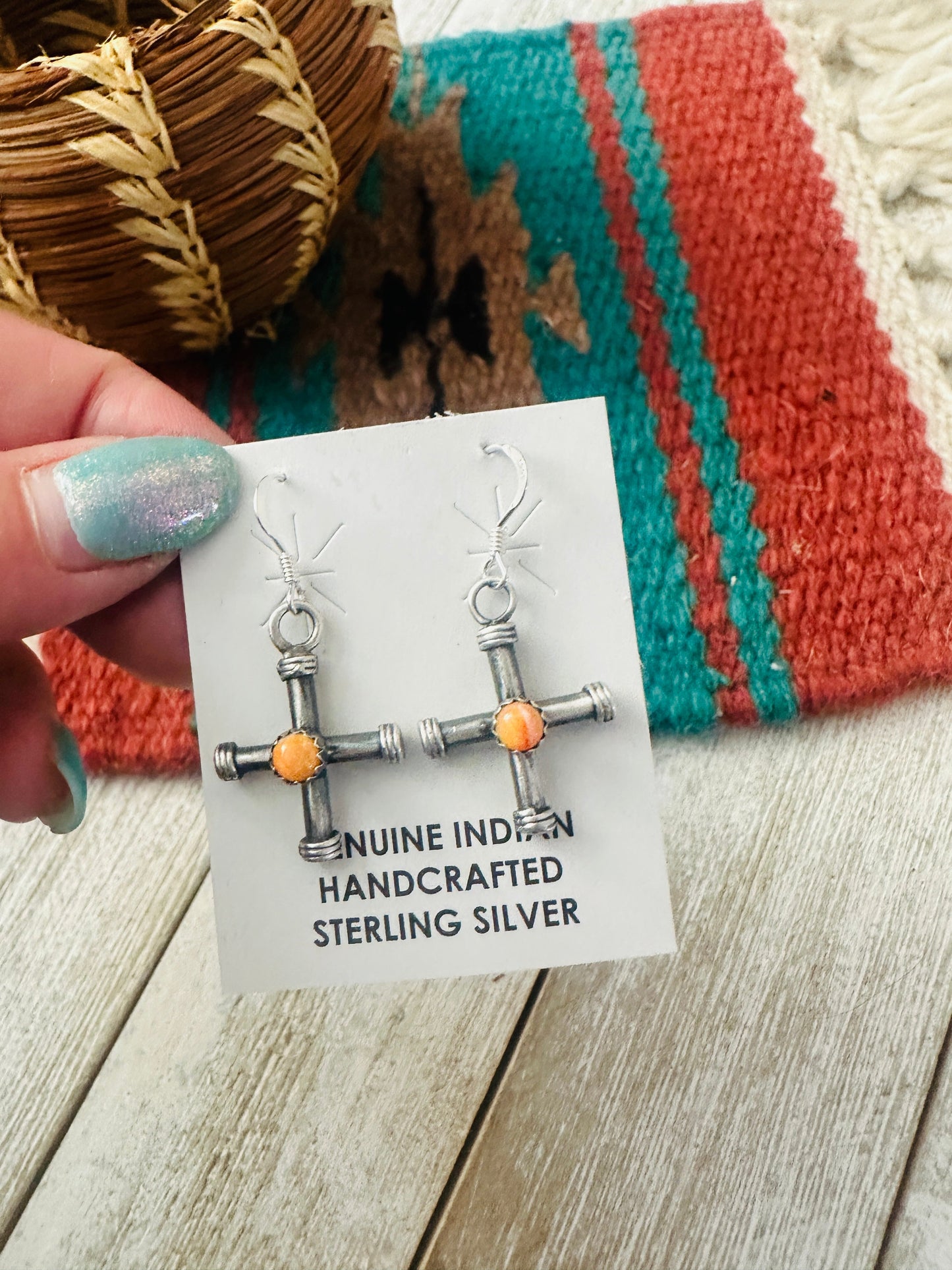 Handcrafted Sterling Silver & Orange Spiny Cross Dangle Earrings