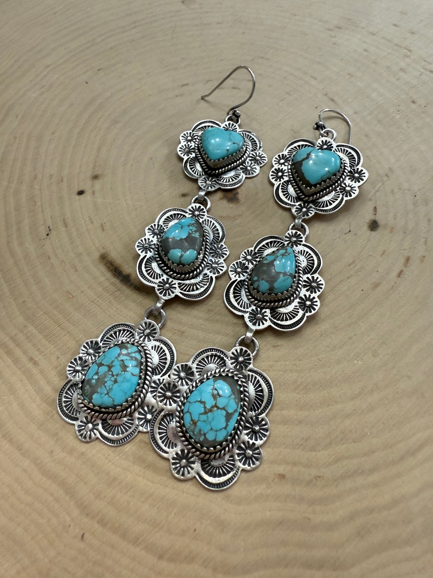 Handmade Number 8 Turquoise and Sterling Silver Heart Dangle Earrings