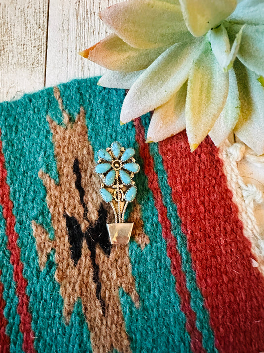 Handcrafted Turquoise & Sterling Silver Flower Brooch