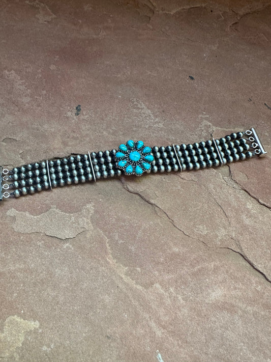 Handmade Sterling Silver & Turquoise Beaded Handcrafted Pearl Style Bracelet