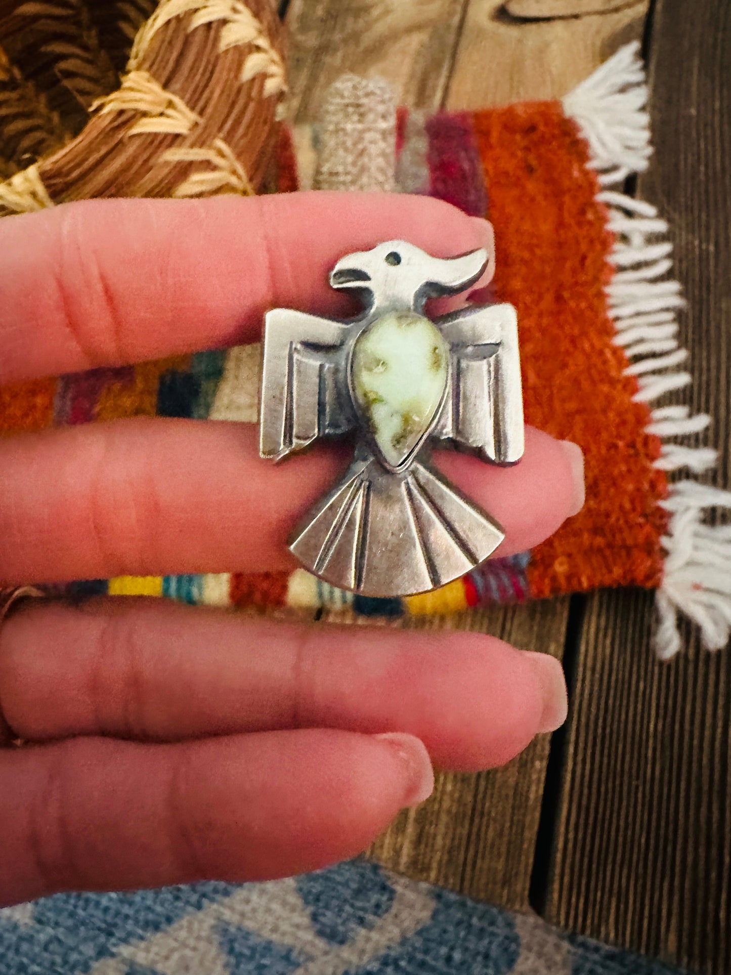 Handcrafted Palomino Turquoise and Sterling Silver Thunderbird Ring size 7.75 by Chimney Butte