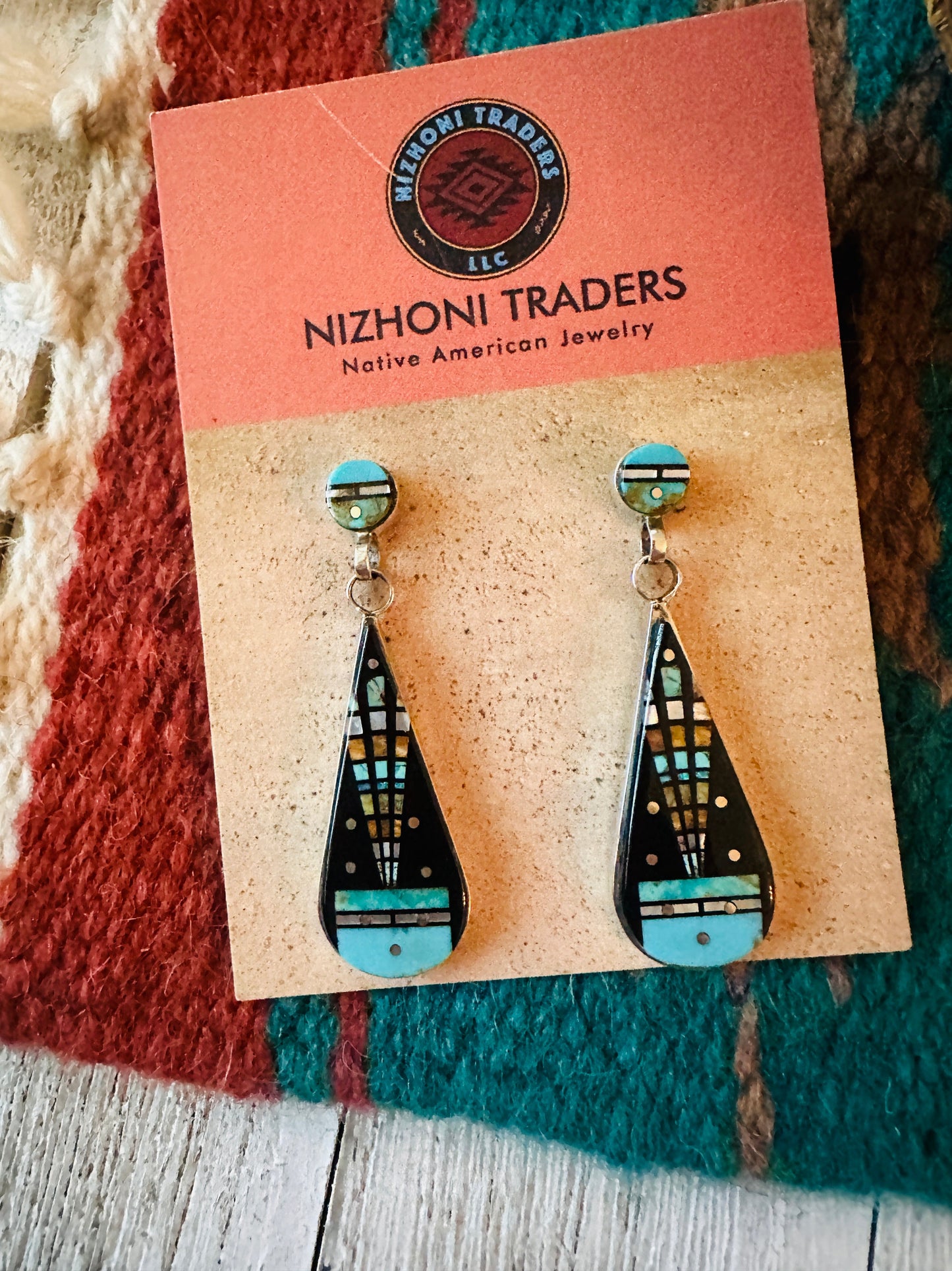 Handcrafted Sterling Silver & Multi Stone Inlay Dangle Earrings