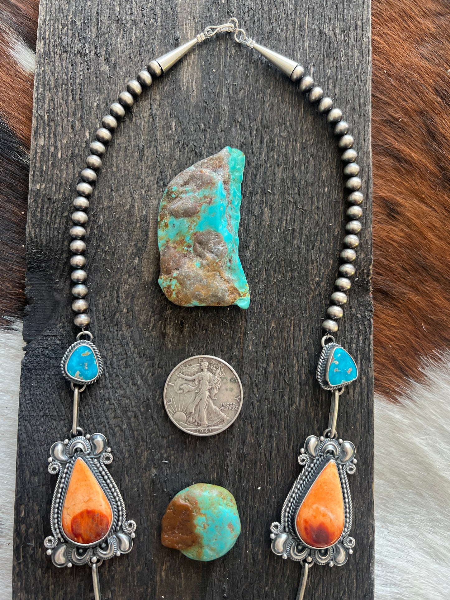 Handcrafted Sterling Silver, Spiny Oyster and Turquoise Link and Bead Electric Rainbow Necklace and Earrings Set by Derrick Gordon